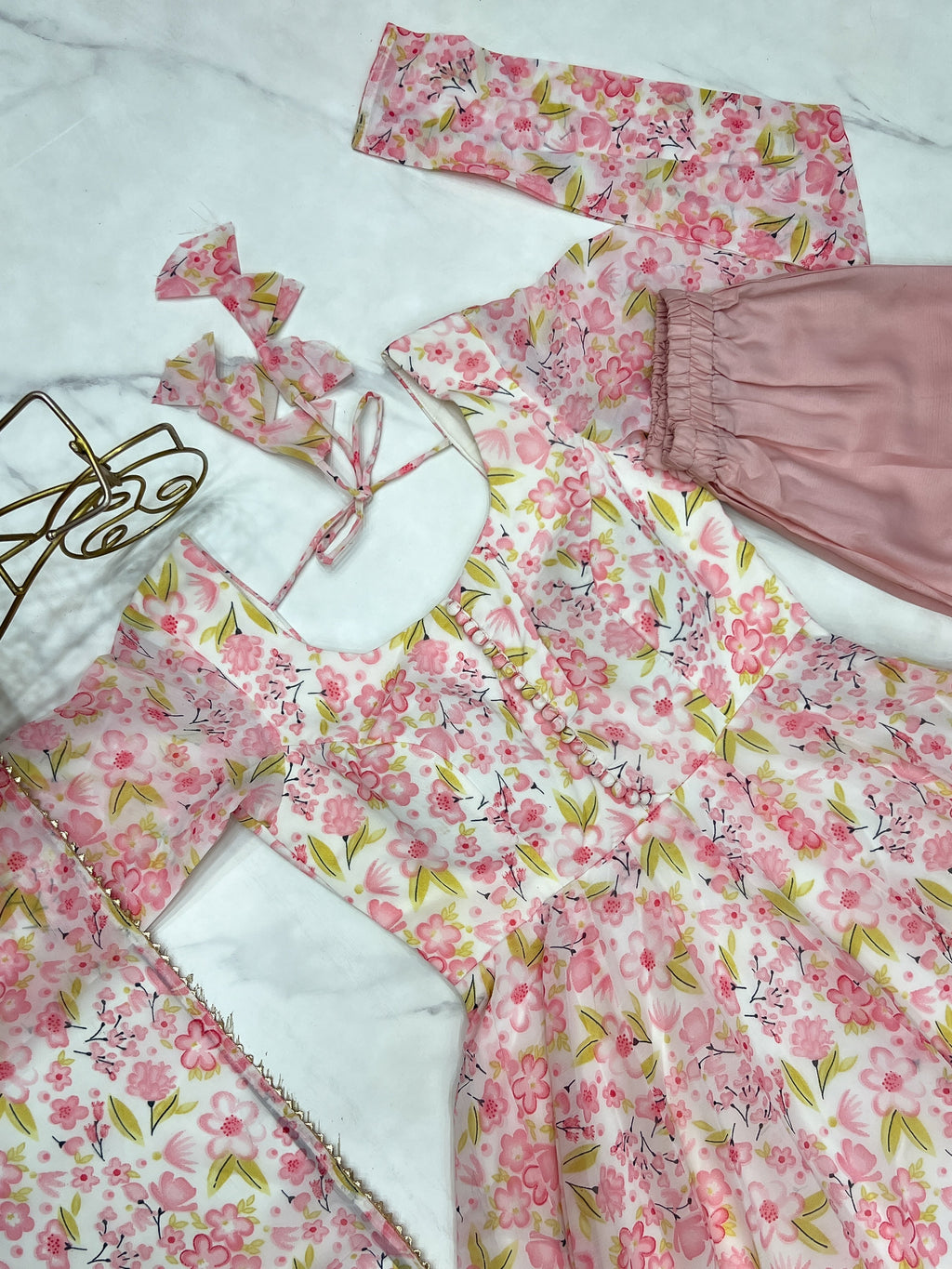 Elegant Orange Chiffon Floral Print Anarkali Set – Fully Stitched & Ready to Wear - ETHNICDEAL