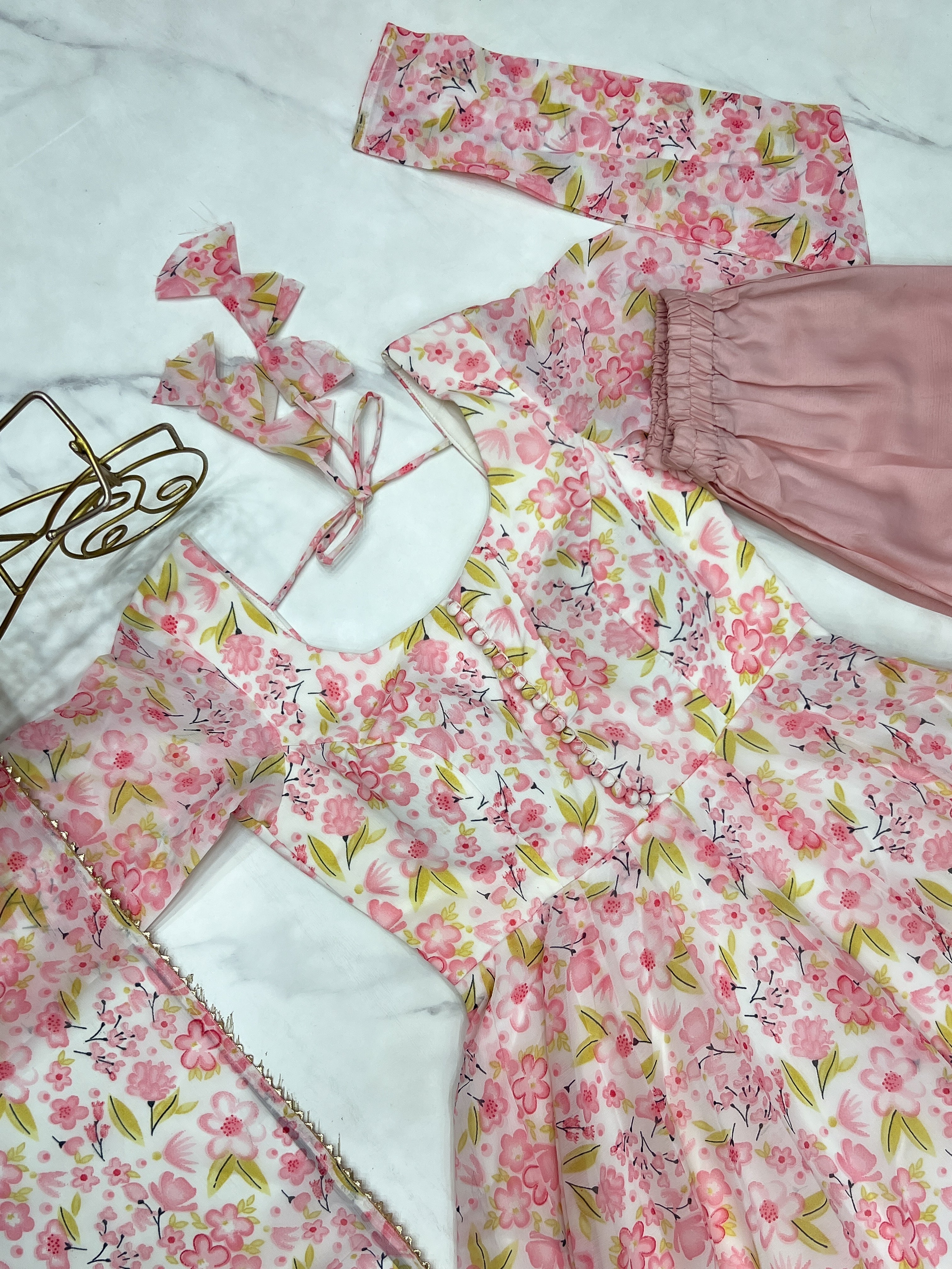 Elegant Orange Chiffon Floral Print Anarkali Set – Fully Stitched & Ready to Wear - ETHNICDEAL