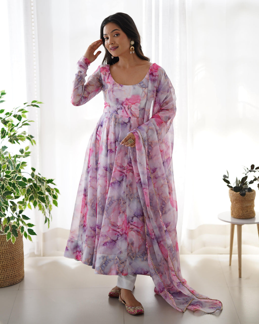 Graceful Organza Silk Floral Digital Printed Anarkali Pant Suit - Ethnicwish