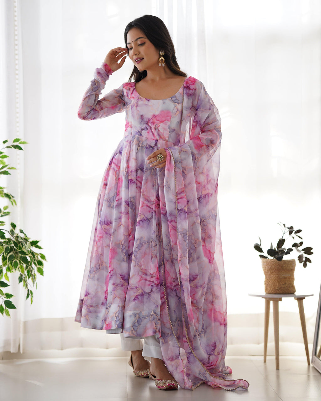 Graceful Organza Silk Floral Digital Printed Anarkali Pant Suit - Ethnicwish