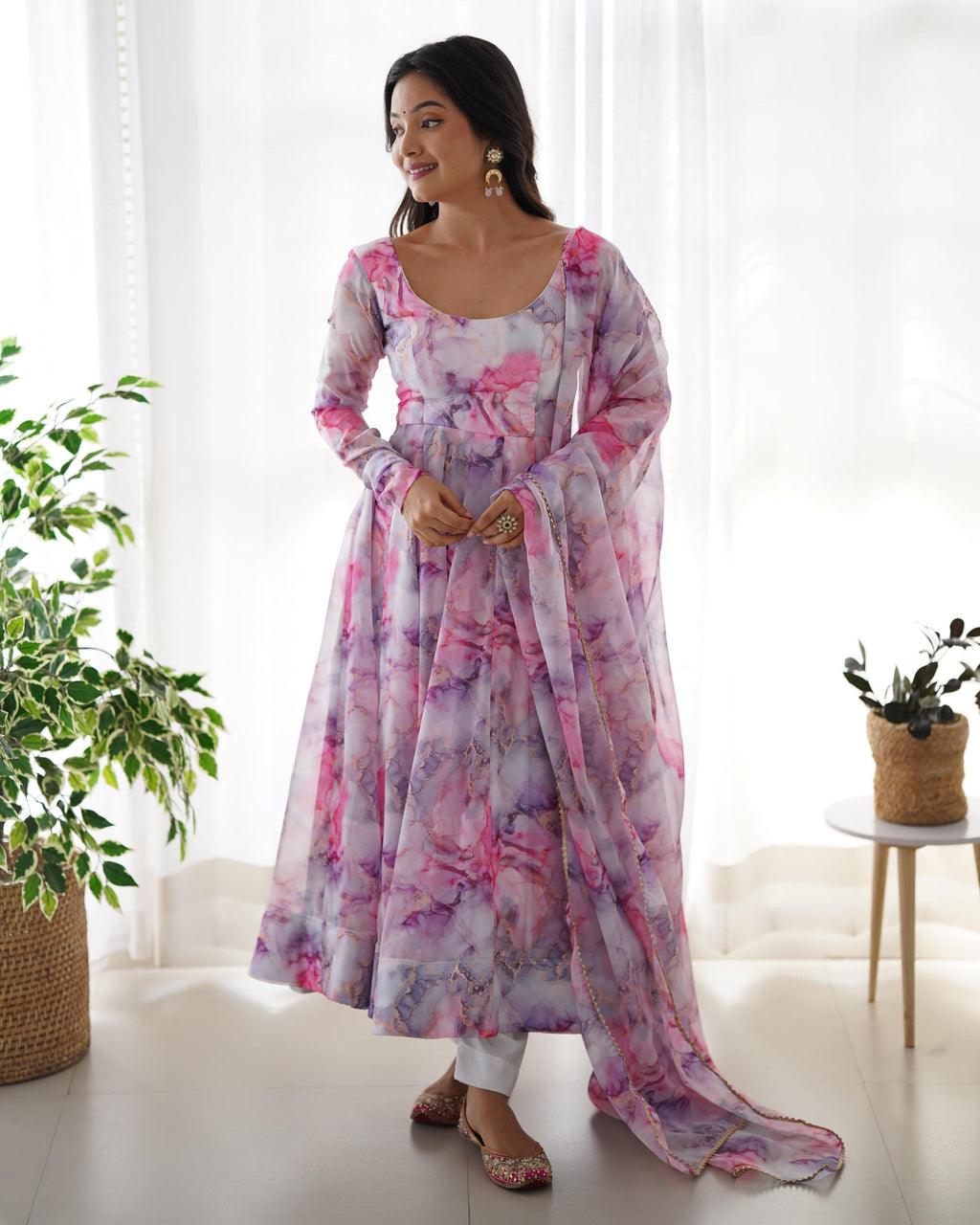 Graceful Organza Silk Floral Digital Printed Anarkali Pant Suit - Ethnicwish