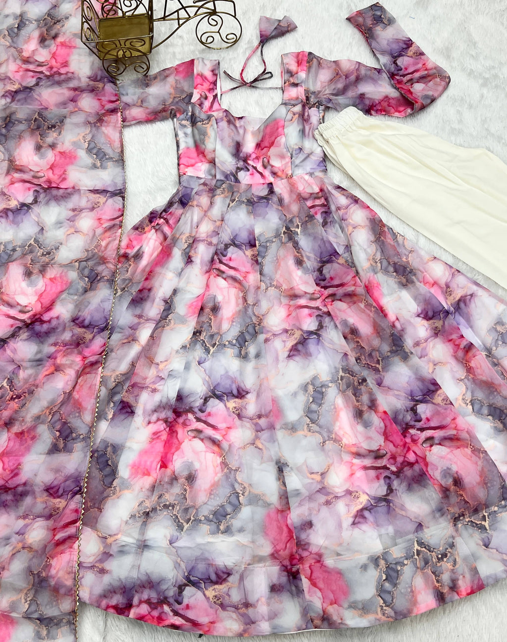 Graceful Organza Silk Floral Digital Printed Anarkali Pant Suit - Ethnicwish