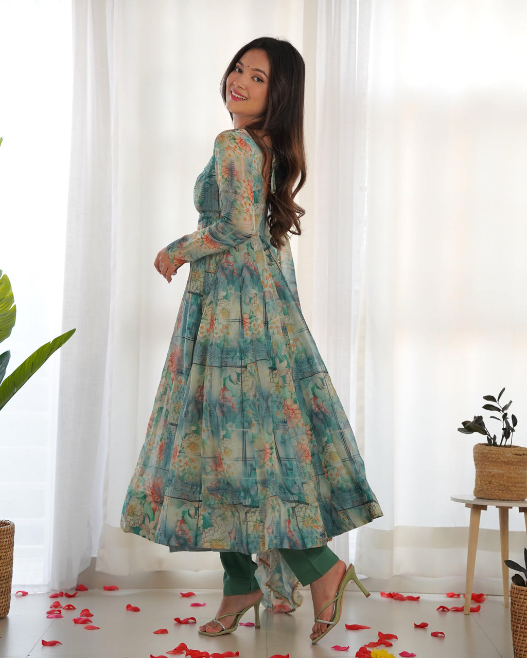 Graceful Organza Silk Intricate Printed Fully Stitched Anarkali Pant Suit - Ethnicwish