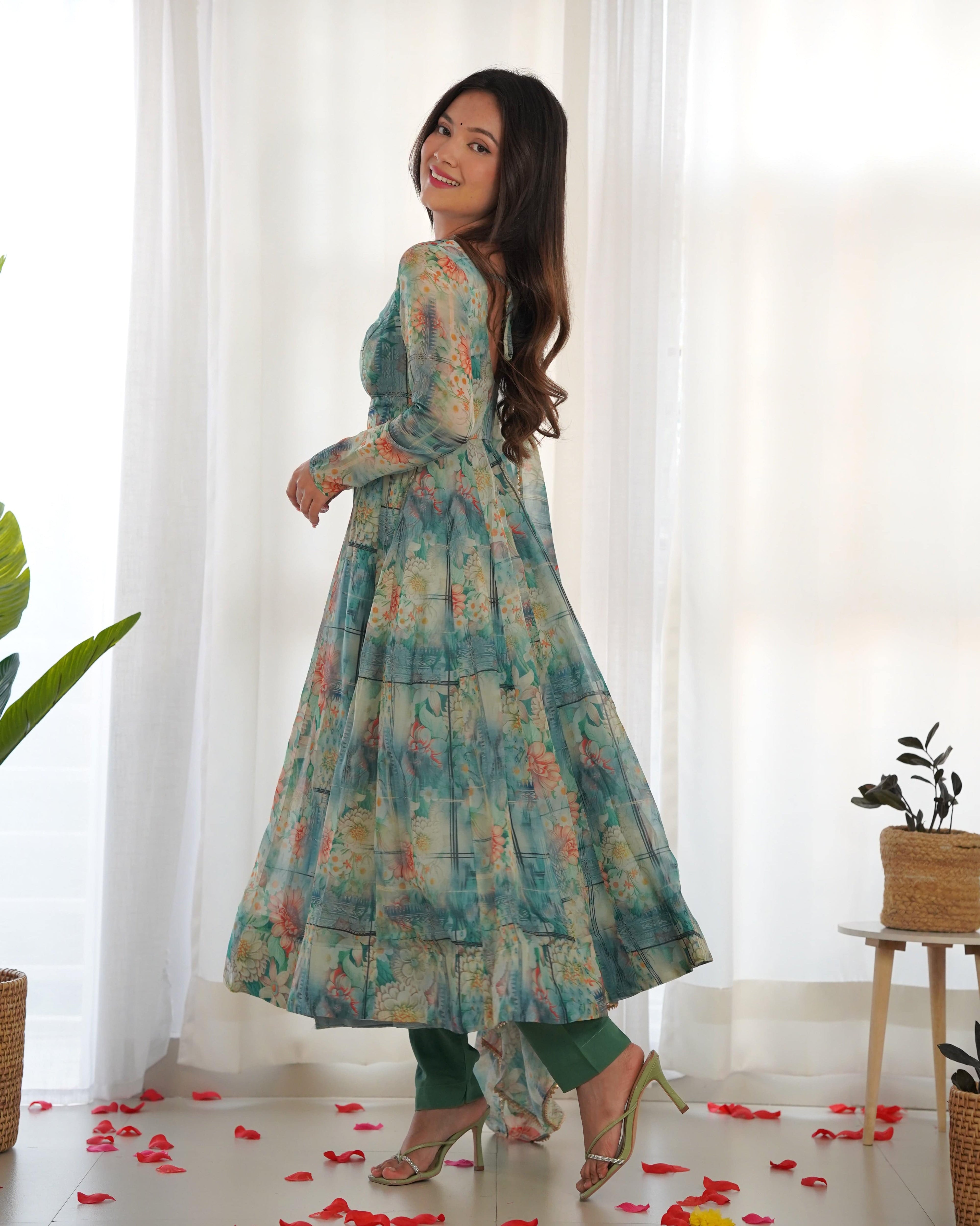 Graceful Organza Silk Intricate Printed Fully Stitched Anarkali Pant Suit - Ethnicwish