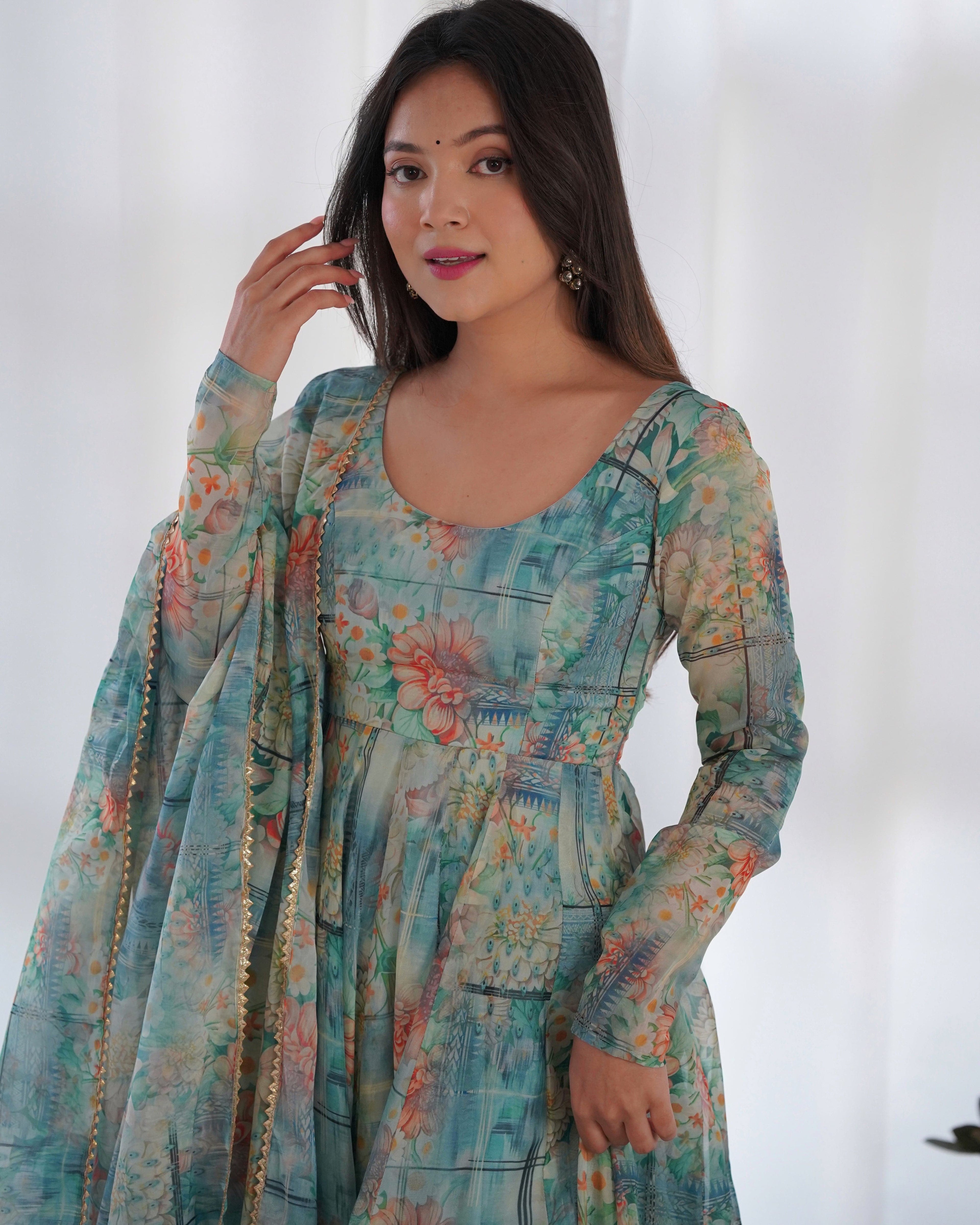 Graceful Organza Silk Intricate Printed Fully Stitched Anarkali Pant Suit - Ethnicwish