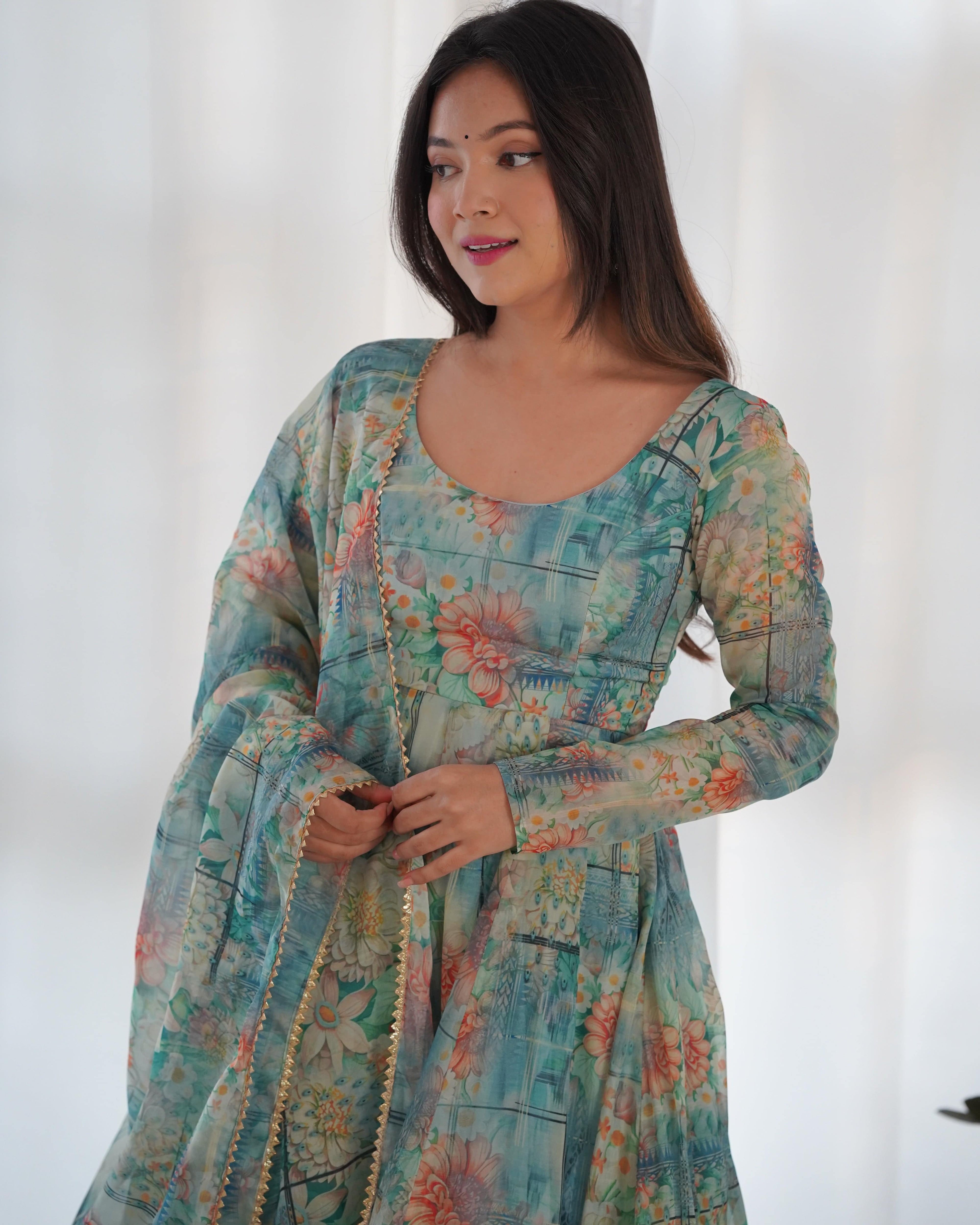 Graceful Organza Silk Intricate Printed Fully Stitched Anarkali Pant Suit - Ethnicwish