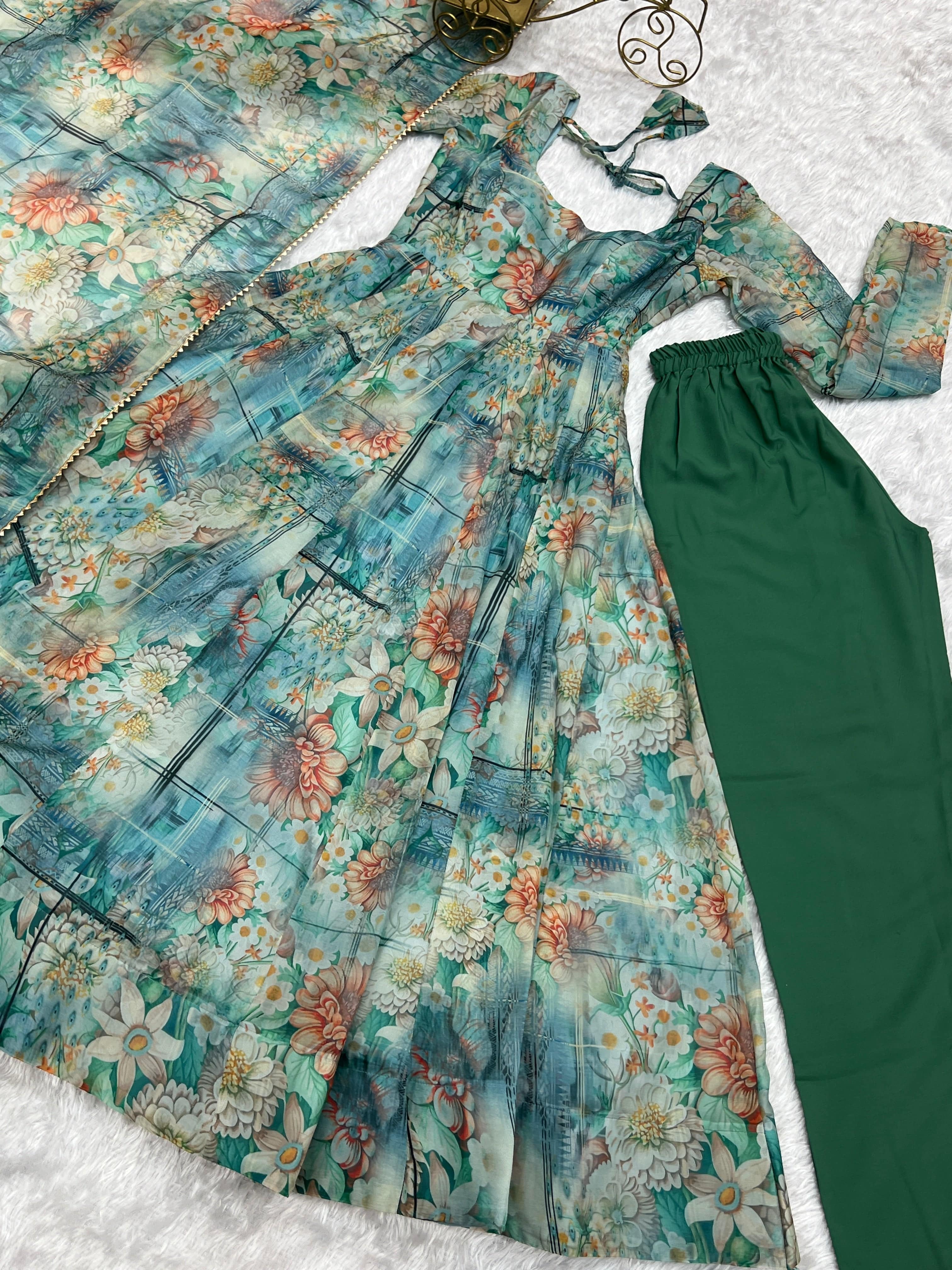 Graceful Organza Silk Intricate Printed Fully Stitched Anarkali Pant Suit - Ethnicwish