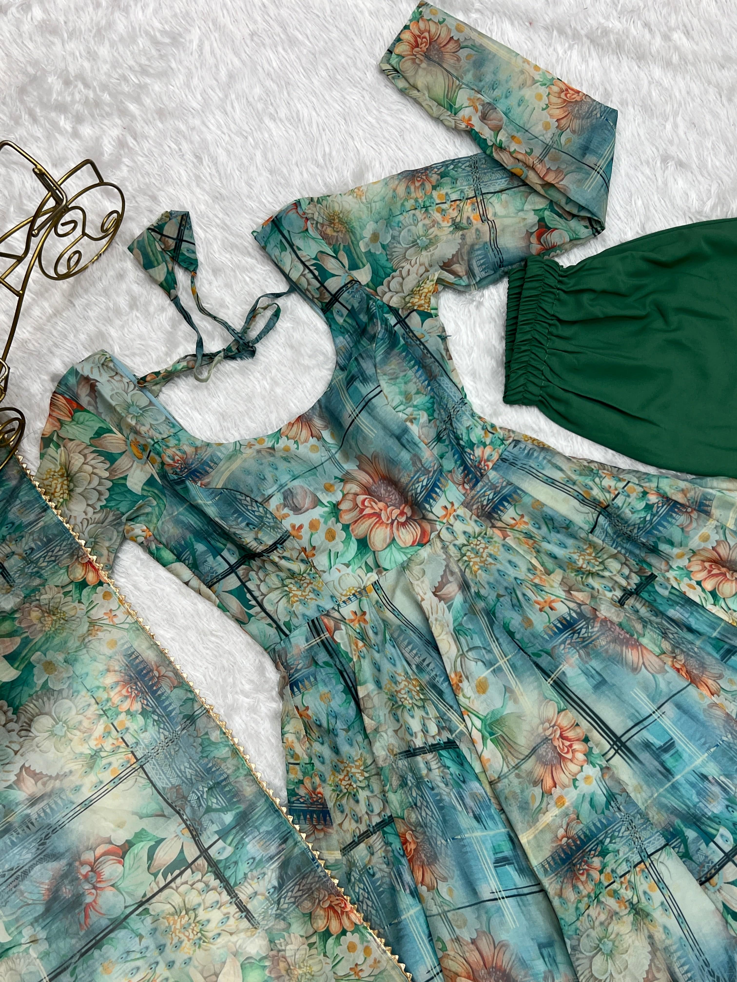 Graceful Organza Silk Intricate Printed Fully Stitched Anarkali Pant Suit - Ethnicwish