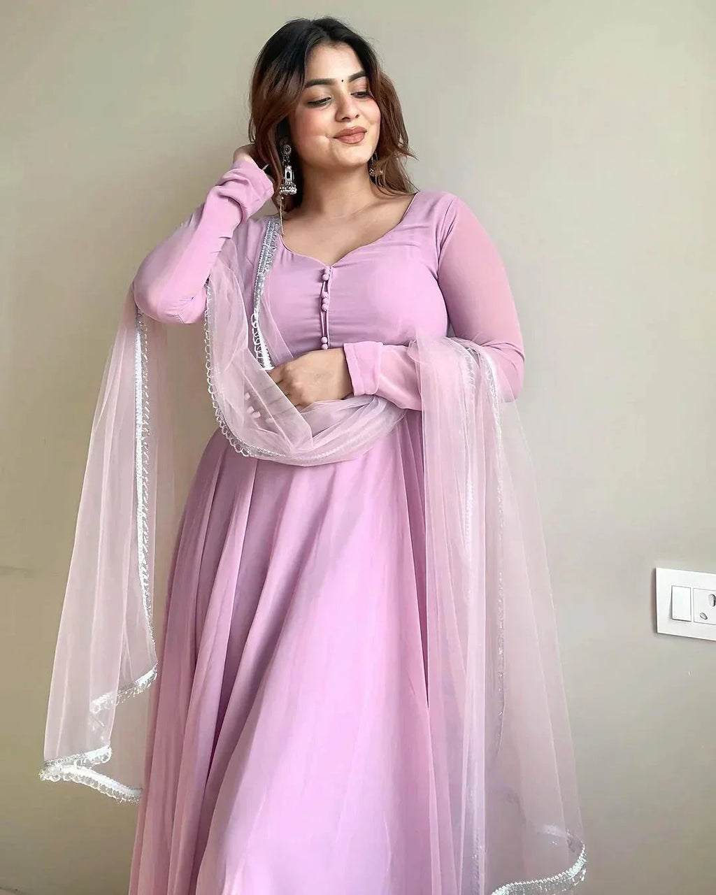 Lavender Faux Georgette Fully Stitched Anarkali Pant Suit - Ethnicwish