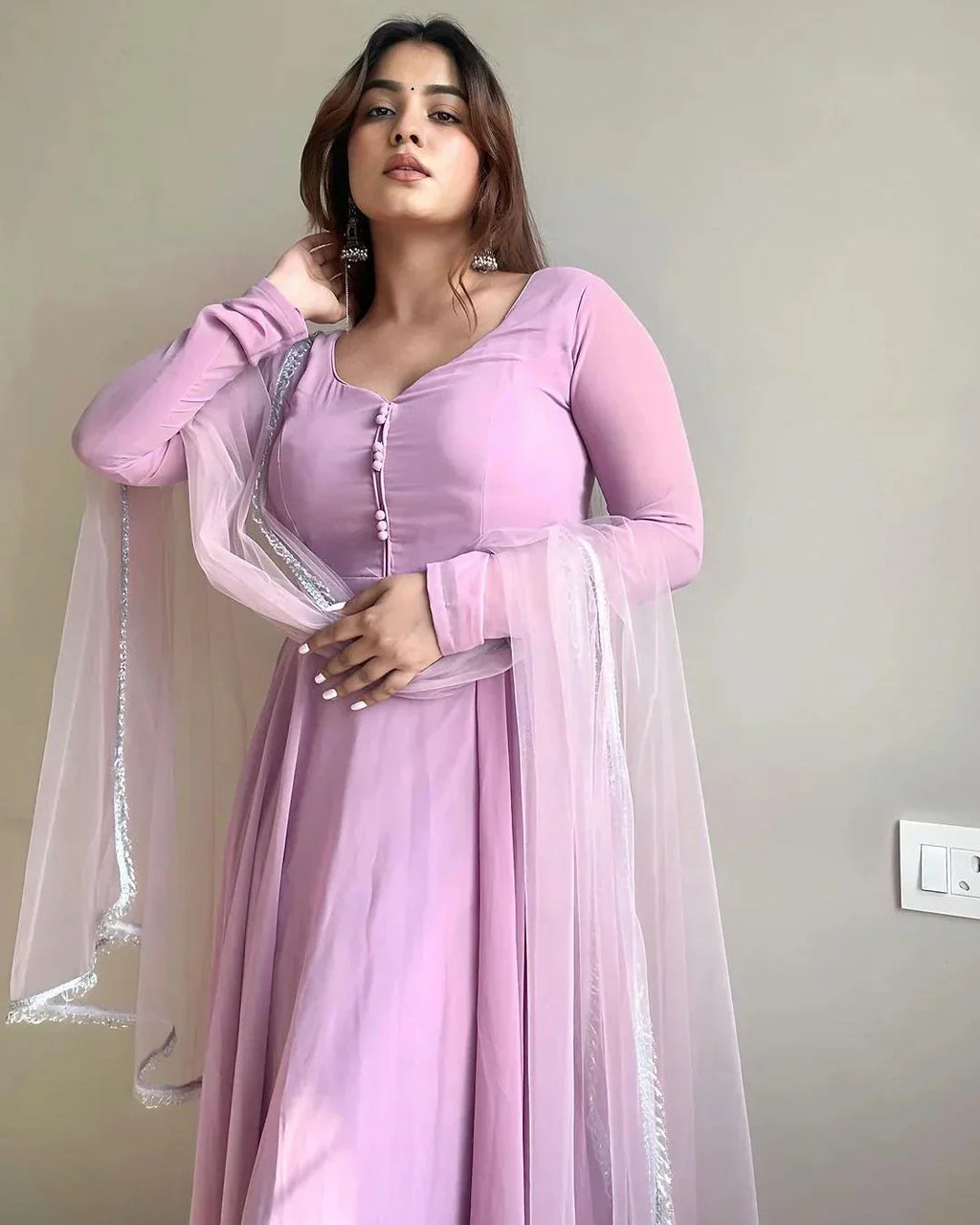 Lavender Faux Georgette Fully Stitched Anarkali Pant Suit - Ethnicwish