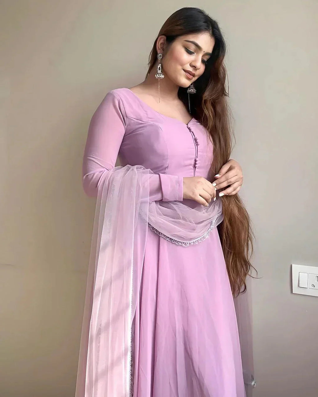 Lavender Faux Georgette Fully Stitched Anarkali Pant Suit - Ethnicwish