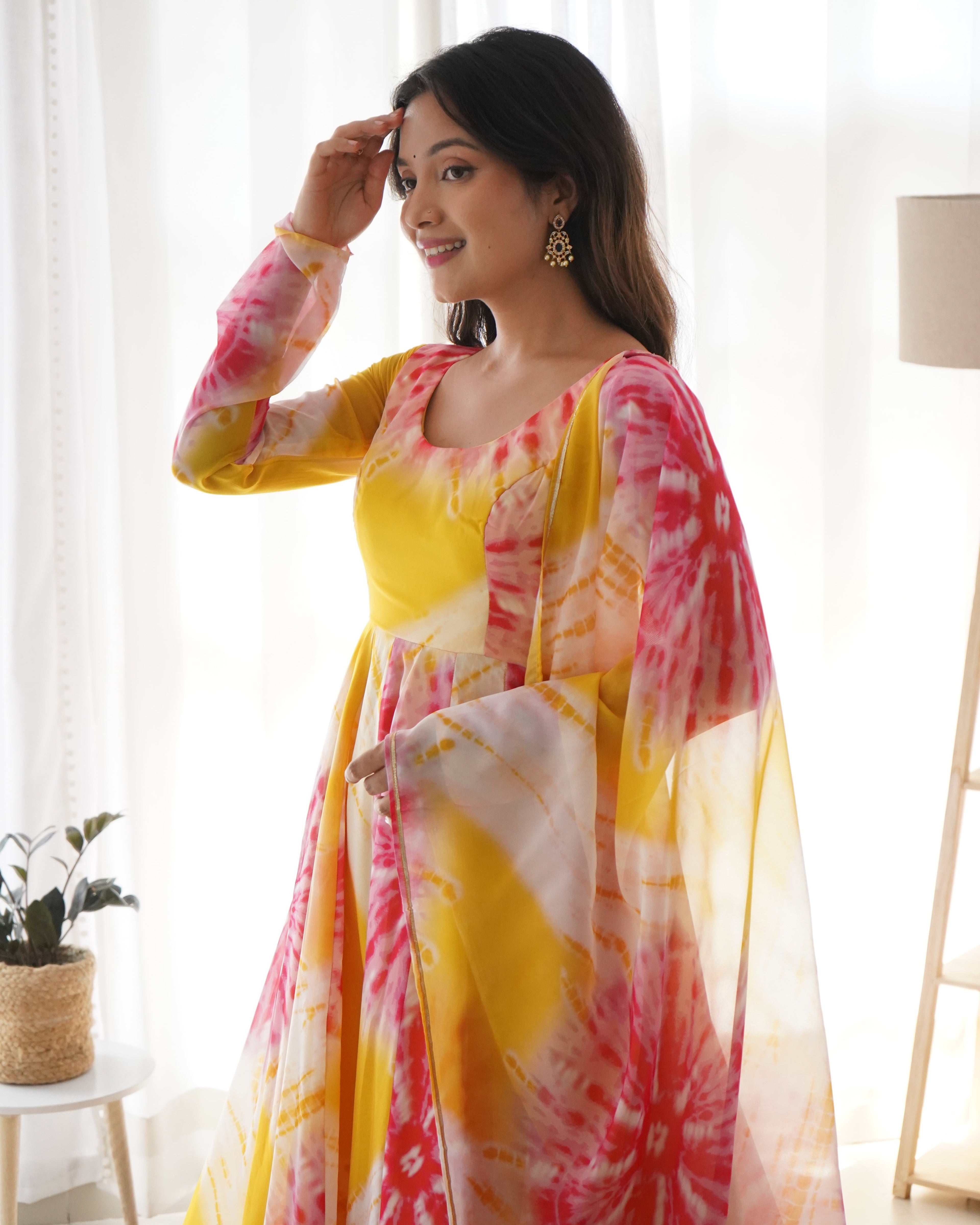 Luminous Yellow Floral Printed Fully Stitched Anarkali Pant Suit - Ethnicwish