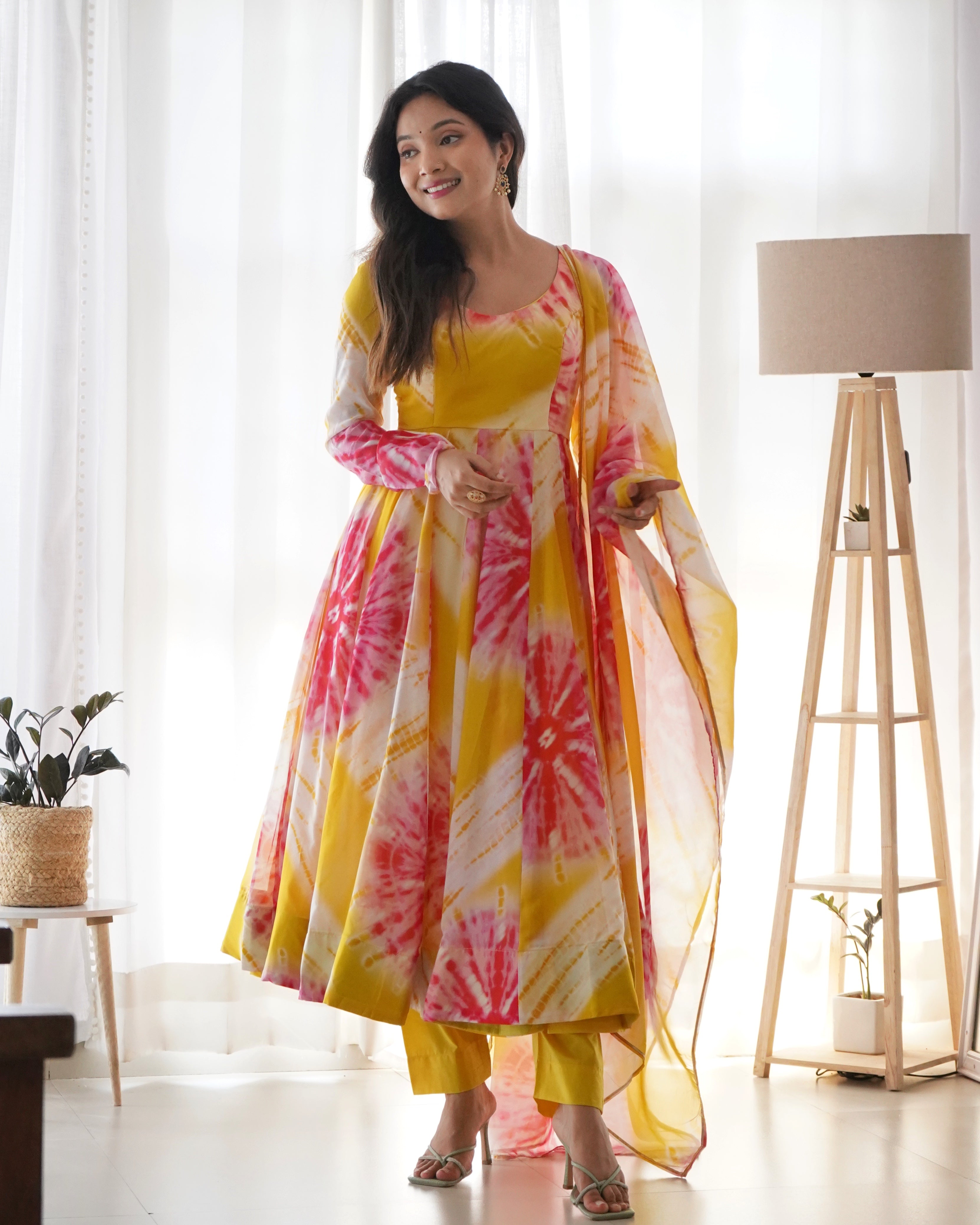 Luminous Yellow Floral Printed Fully Stitched Anarkali Pant Suit - Ethnicwish