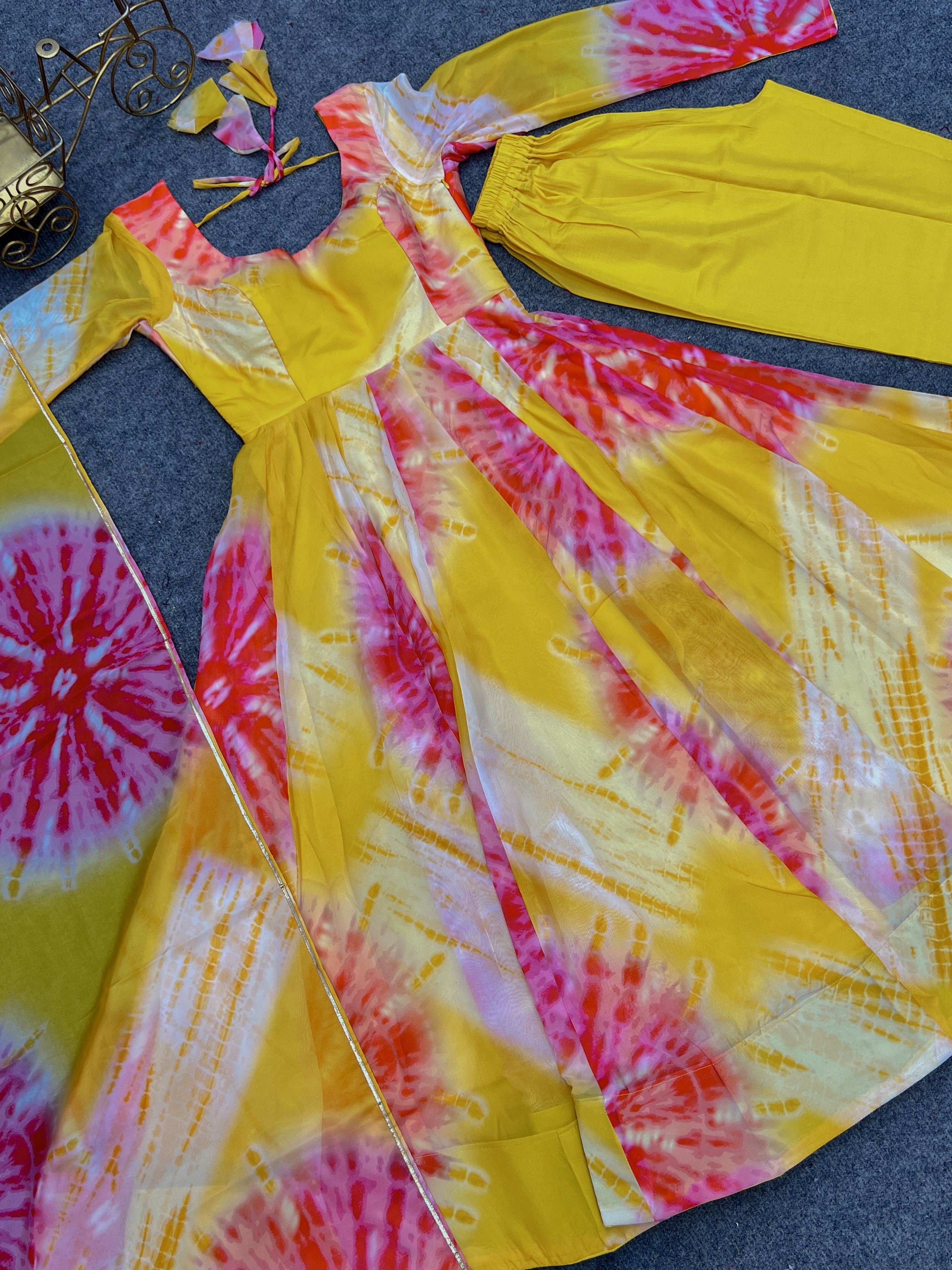 Luminous Yellow Floral Printed Fully Stitched Anarkali Pant Suit - Ethnicwish