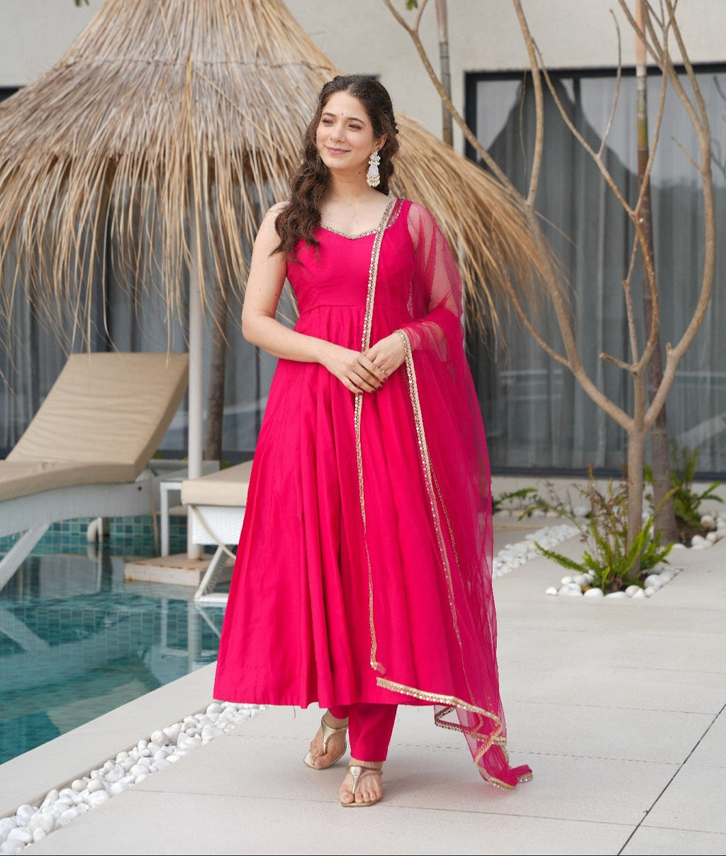 Pink Roman Silk Chanderi Anarkali Set – Fully Stitched & Ready to Wear - ETHNICDEAL