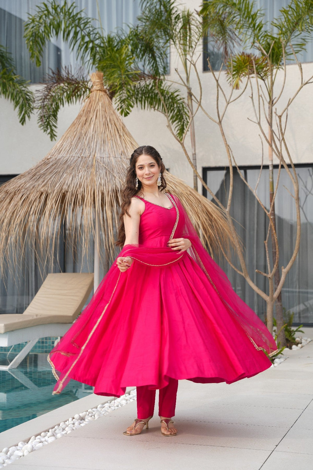 Pink Roman Silk Chanderi Anarkali Set – Fully Stitched & Ready to Wear - ETHNICDEAL