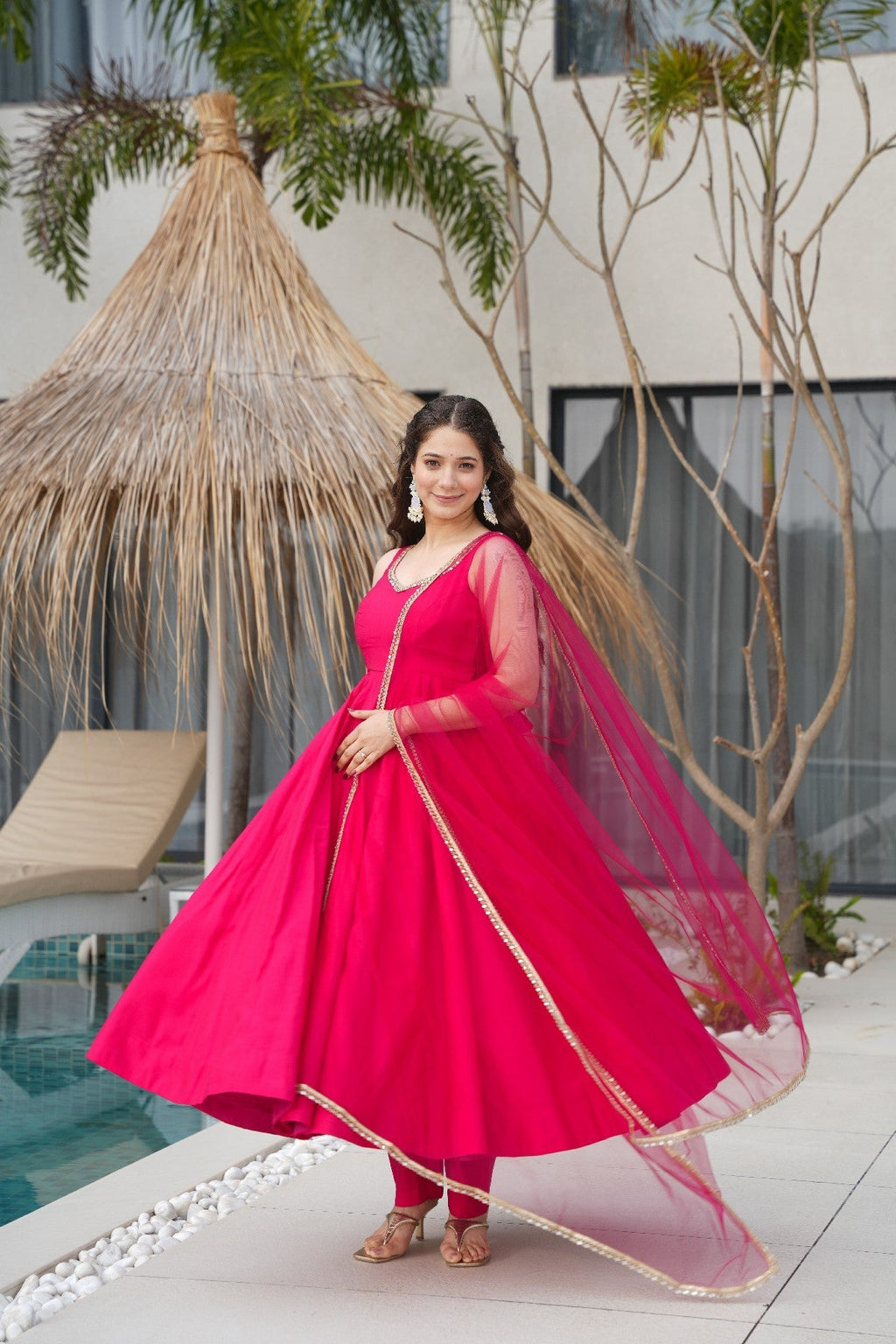 Pink Roman Silk Chanderi Anarkali Set – Fully Stitched & Ready to Wear - ETHNICDEAL
