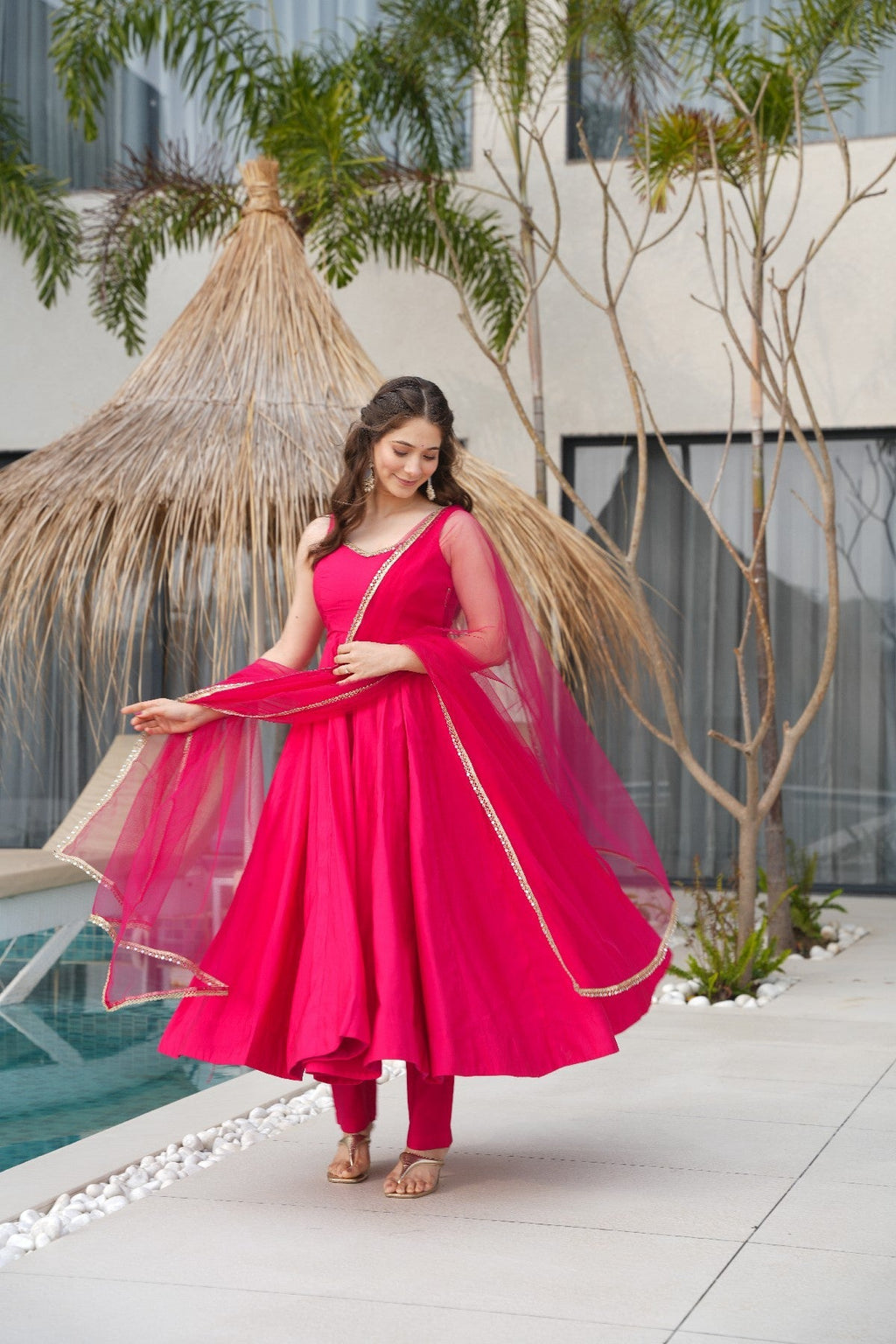 Pink Roman Silk Chanderi Anarkali Set – Fully Stitched & Ready to Wear - ETHNICDEAL