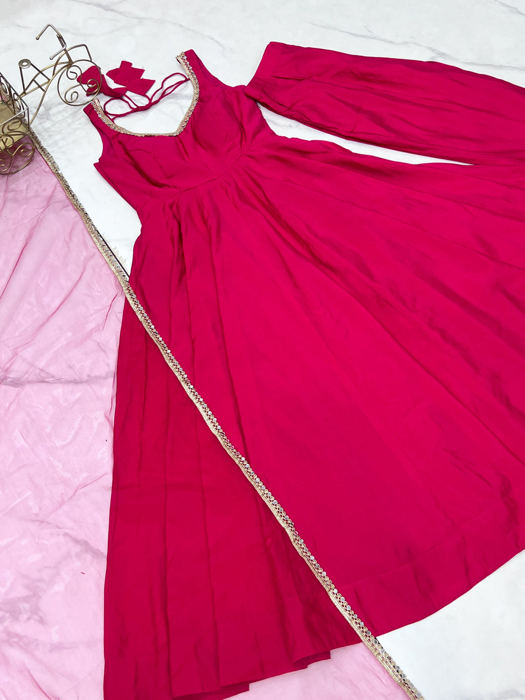 Pink Roman Silk Chanderi Anarkali Set – Fully Stitched & Ready to Wear - ETHNICDEAL