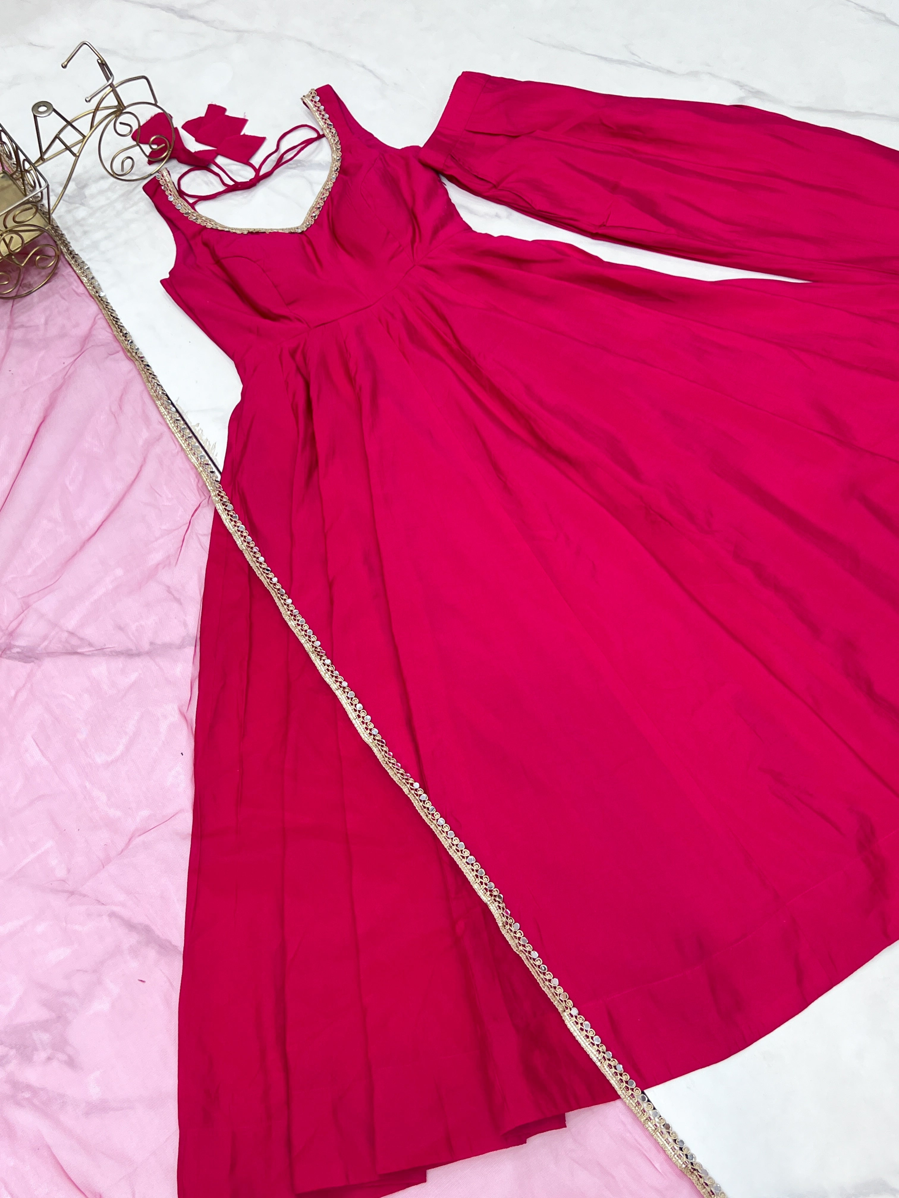 Pink Roman Silk Chanderi Anarkali Set – Fully Stitched & Ready to Wear - ETHNICDEAL