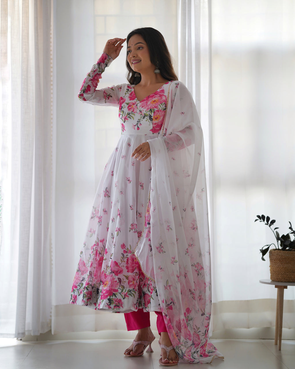 Polished White Organza Silk Floral Printed Anarkali Pant Suit - Ethnicwish