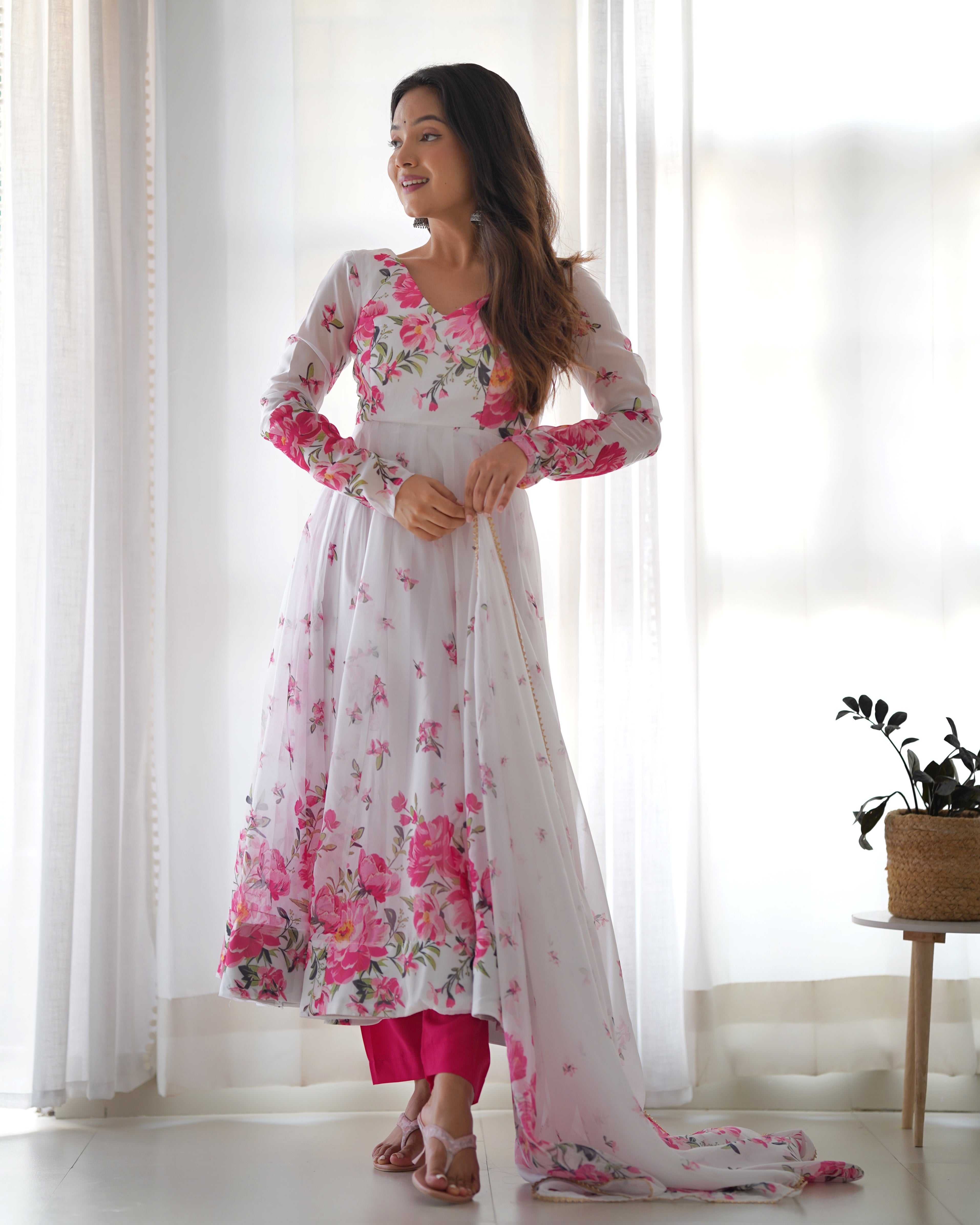 Polished White Organza Silk Floral Printed Anarkali Pant Suit - Ethnicwish