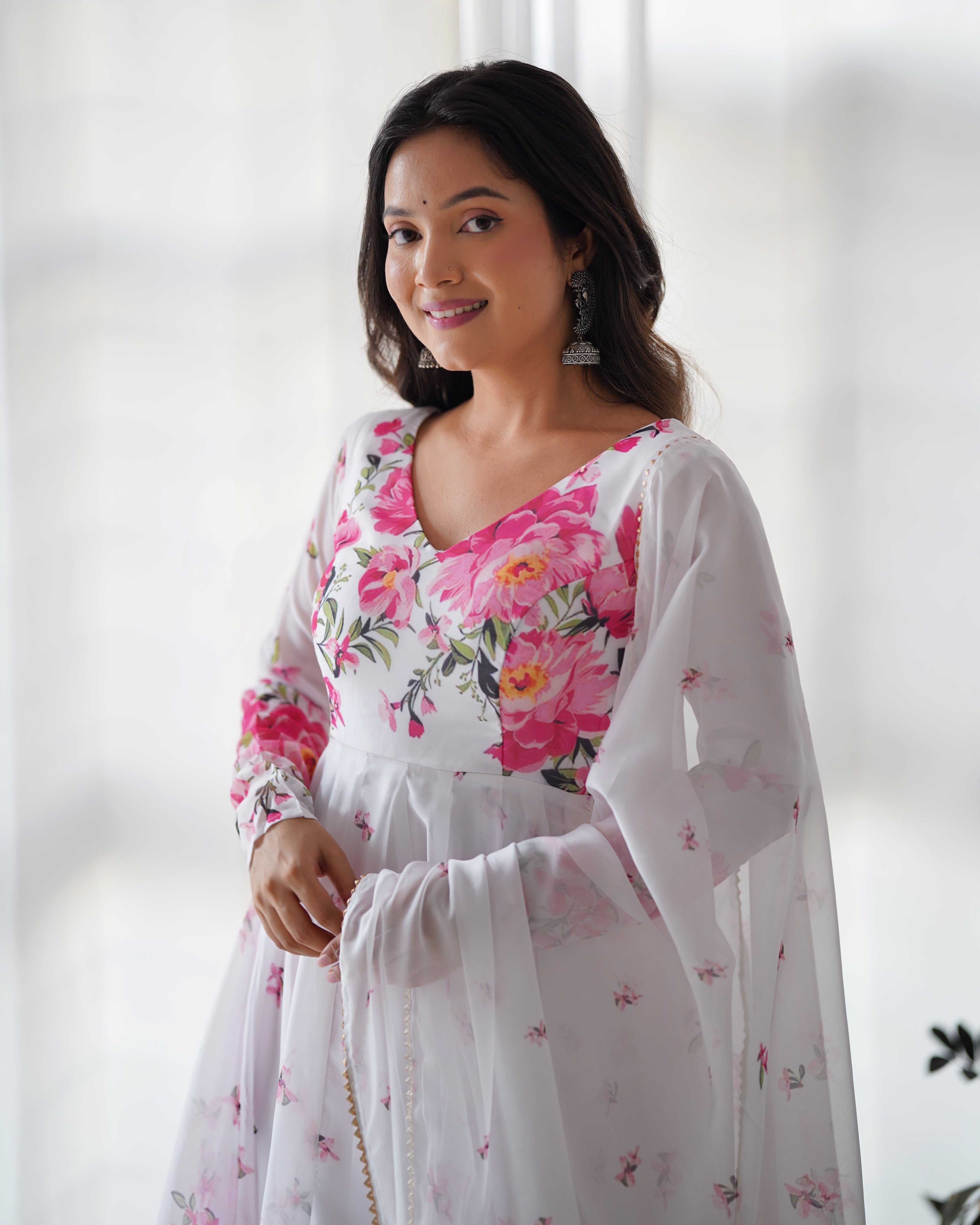 Polished White Organza Silk Floral Printed Anarkali Pant Suit - Ethnicwish