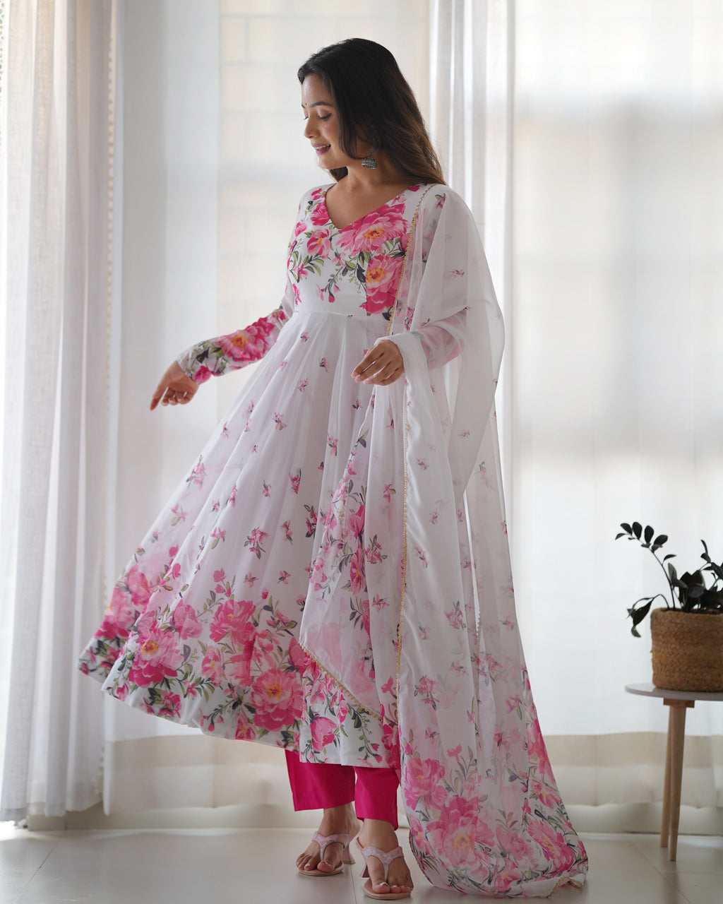 Polished White Organza Silk Floral Printed Anarkali Pant Suit - Ethnicwish