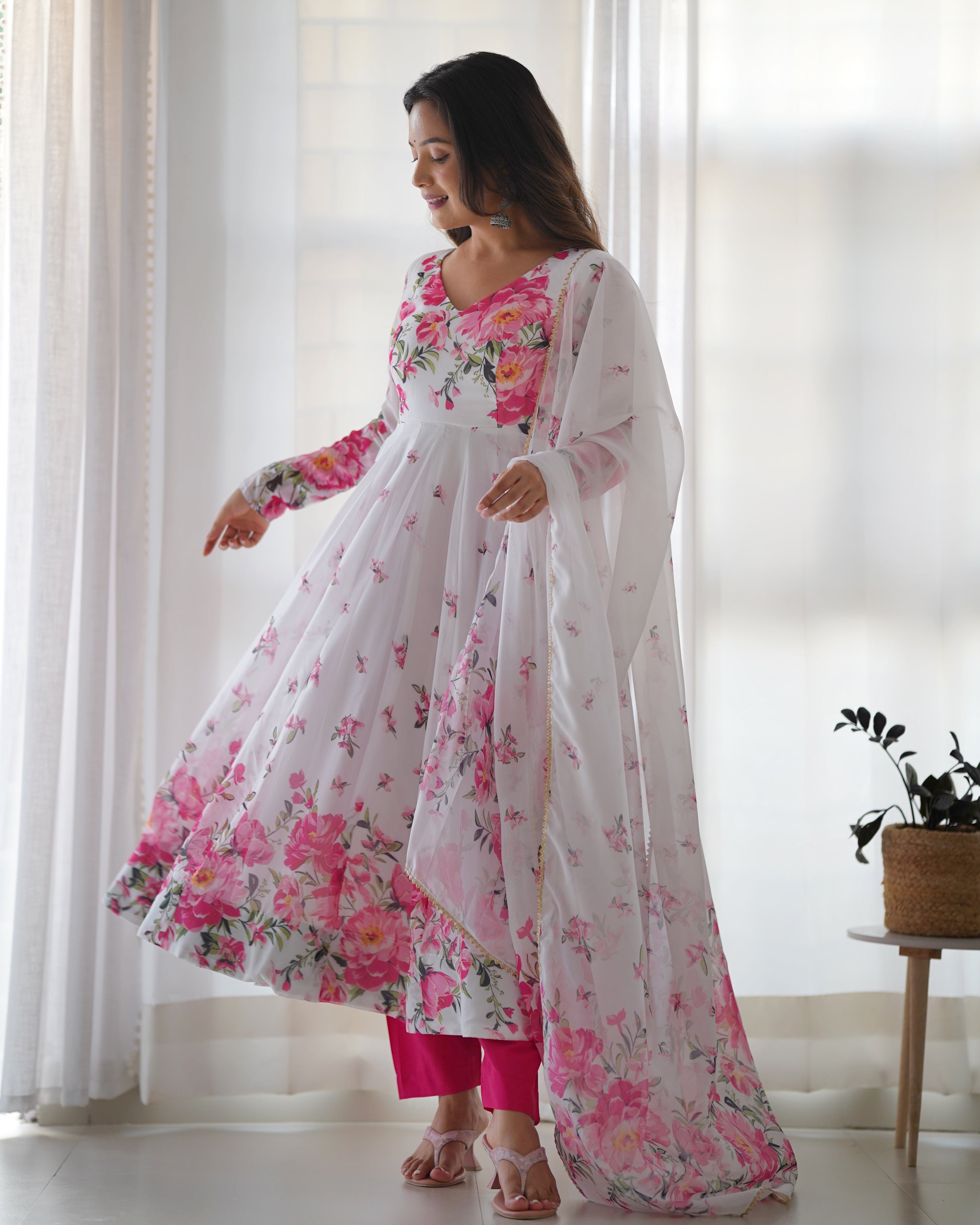 Polished White Organza Silk Floral Printed Anarkali Pant Suit - Ethnicwish