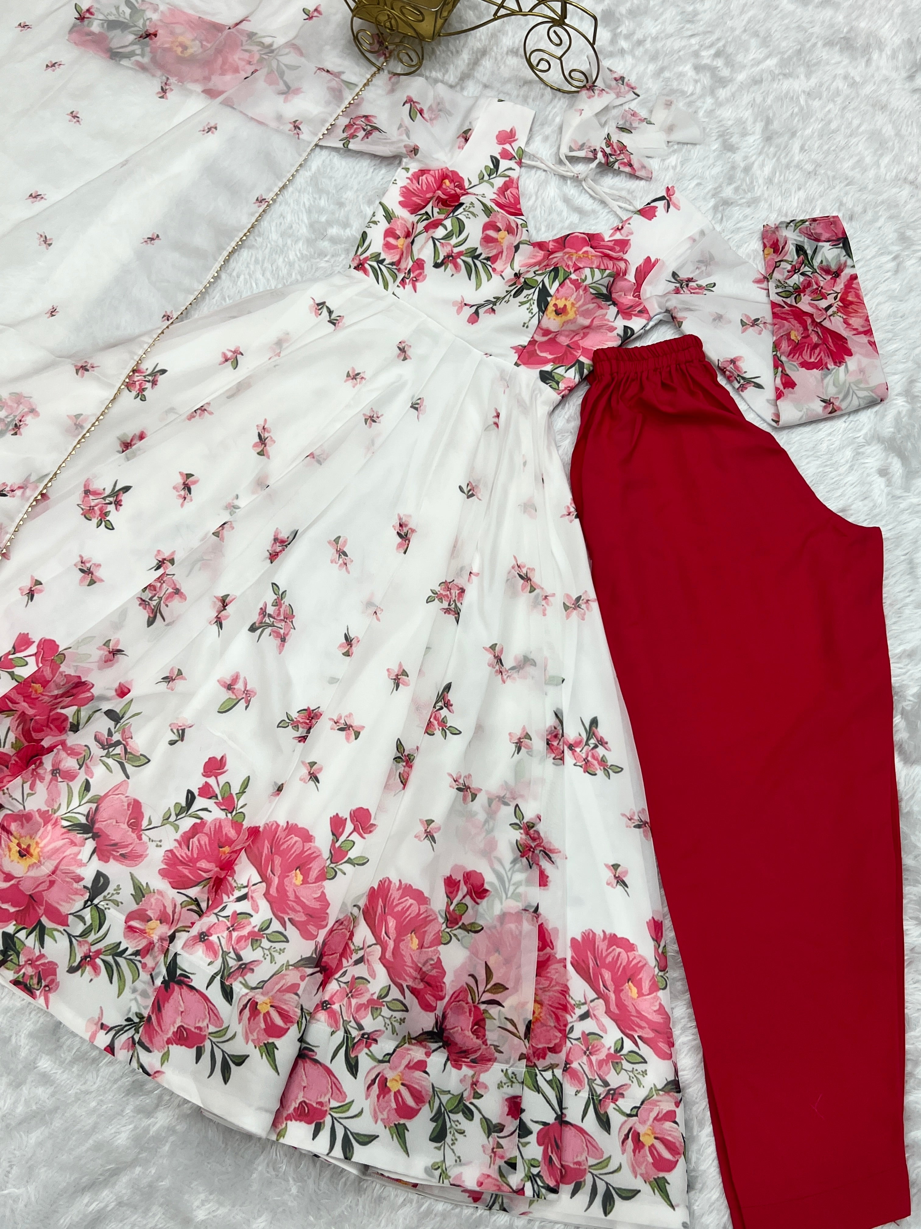Polished White Organza Silk Floral Printed Anarkali Pant Suit - Ethnicwish