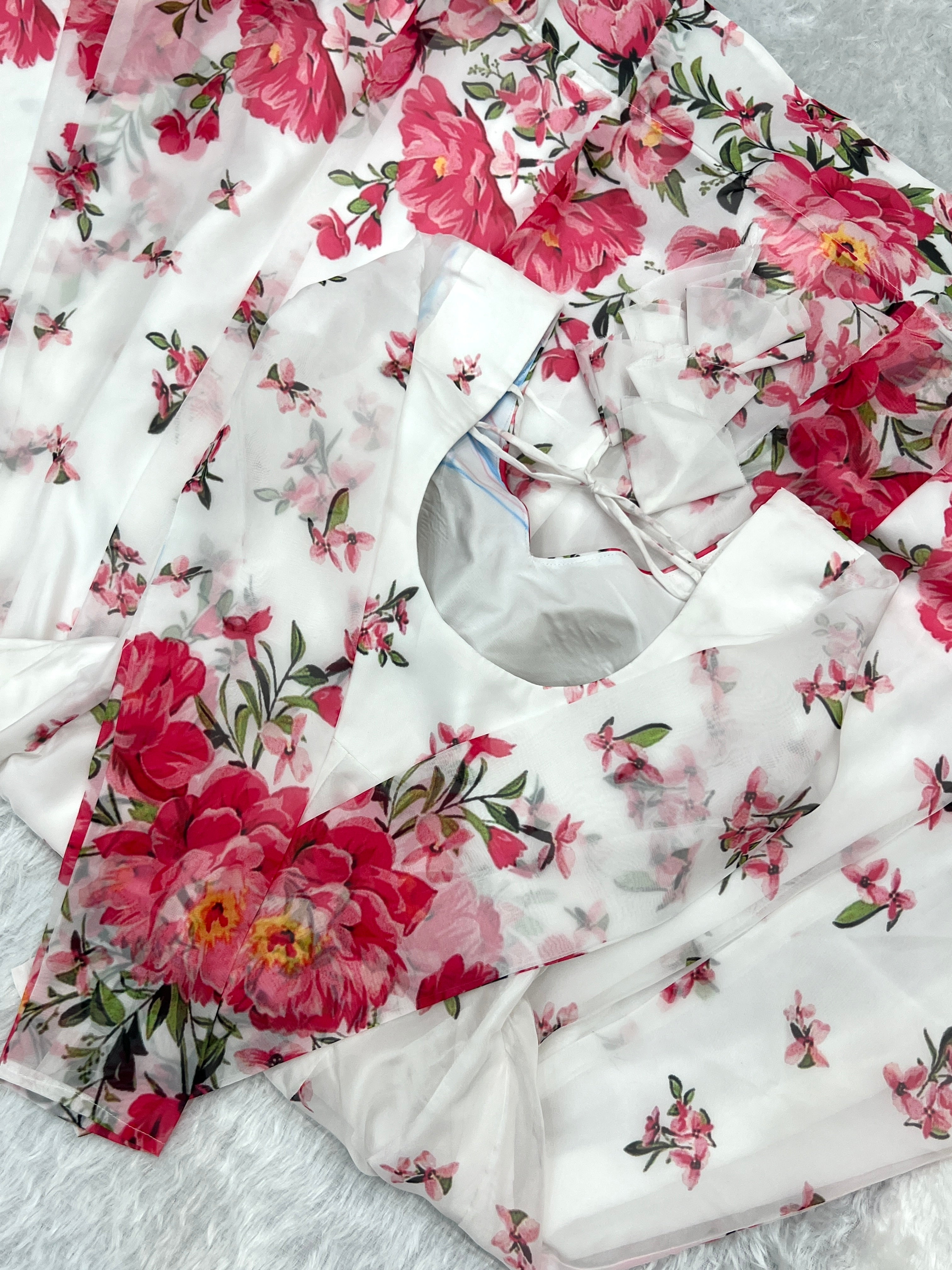 Polished White Organza Silk Floral Printed Anarkali Pant Suit - Ethnicwish