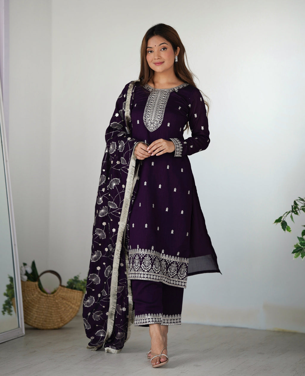 Purple Rangoli Silk Sequins Zari Embroidered Kurti Pant Suit - ETHNICDEAL