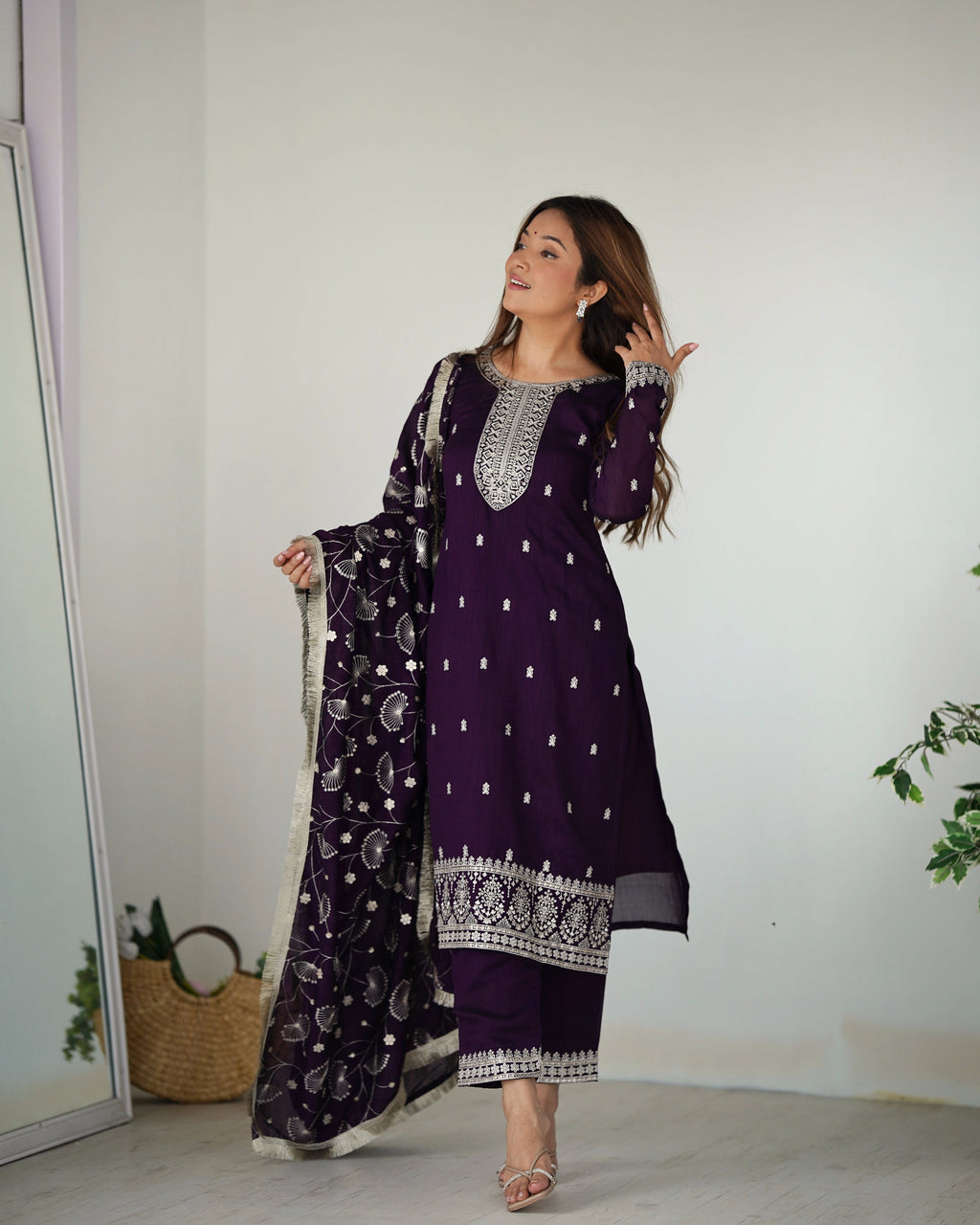 Purple Rangoli Silk Sequins Zari Embroidered Kurti Pant Suit - ETHNICDEAL