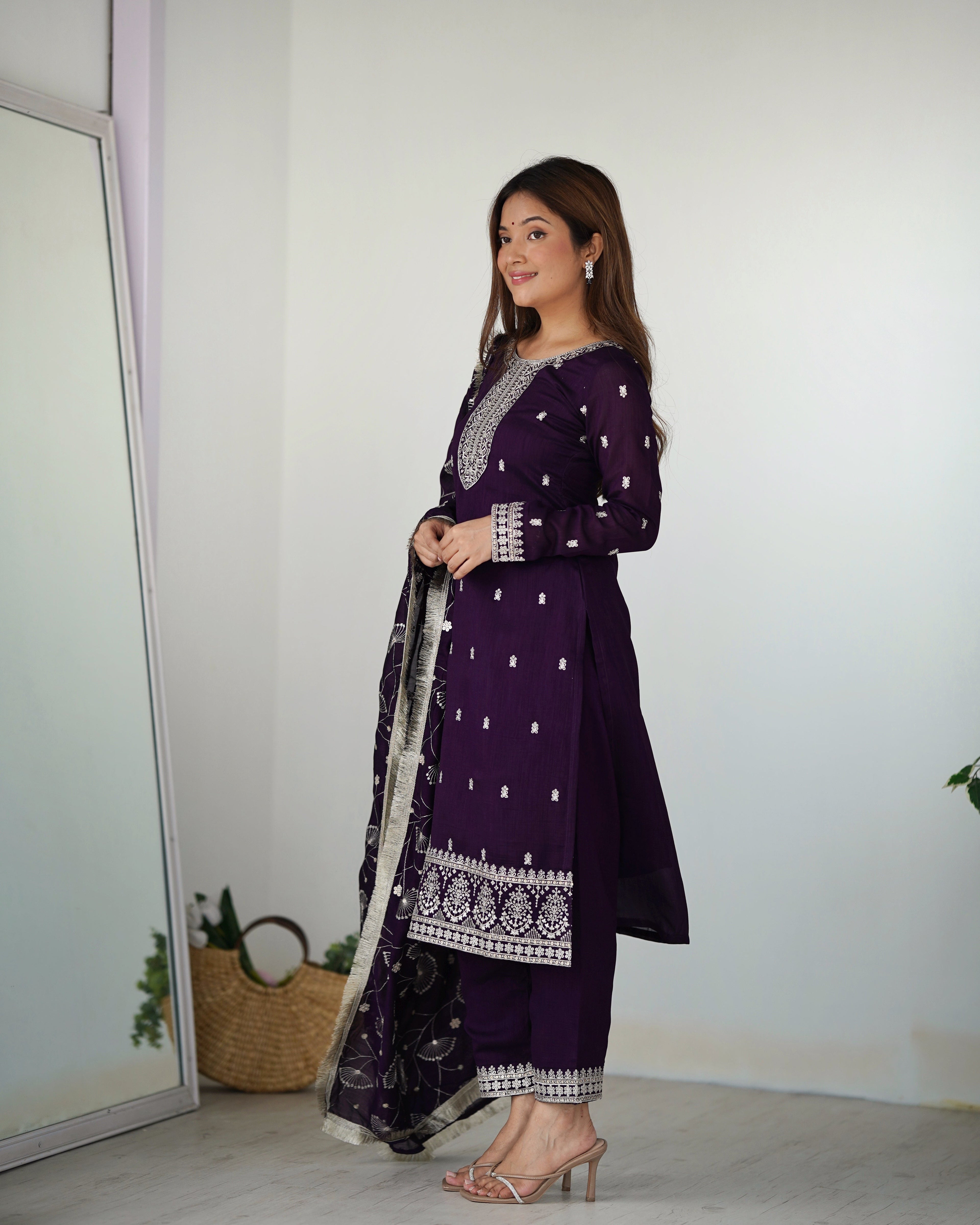 Purple Rangoli Silk Sequins Zari Embroidered Kurti Pant Suit - ETHNICDEAL