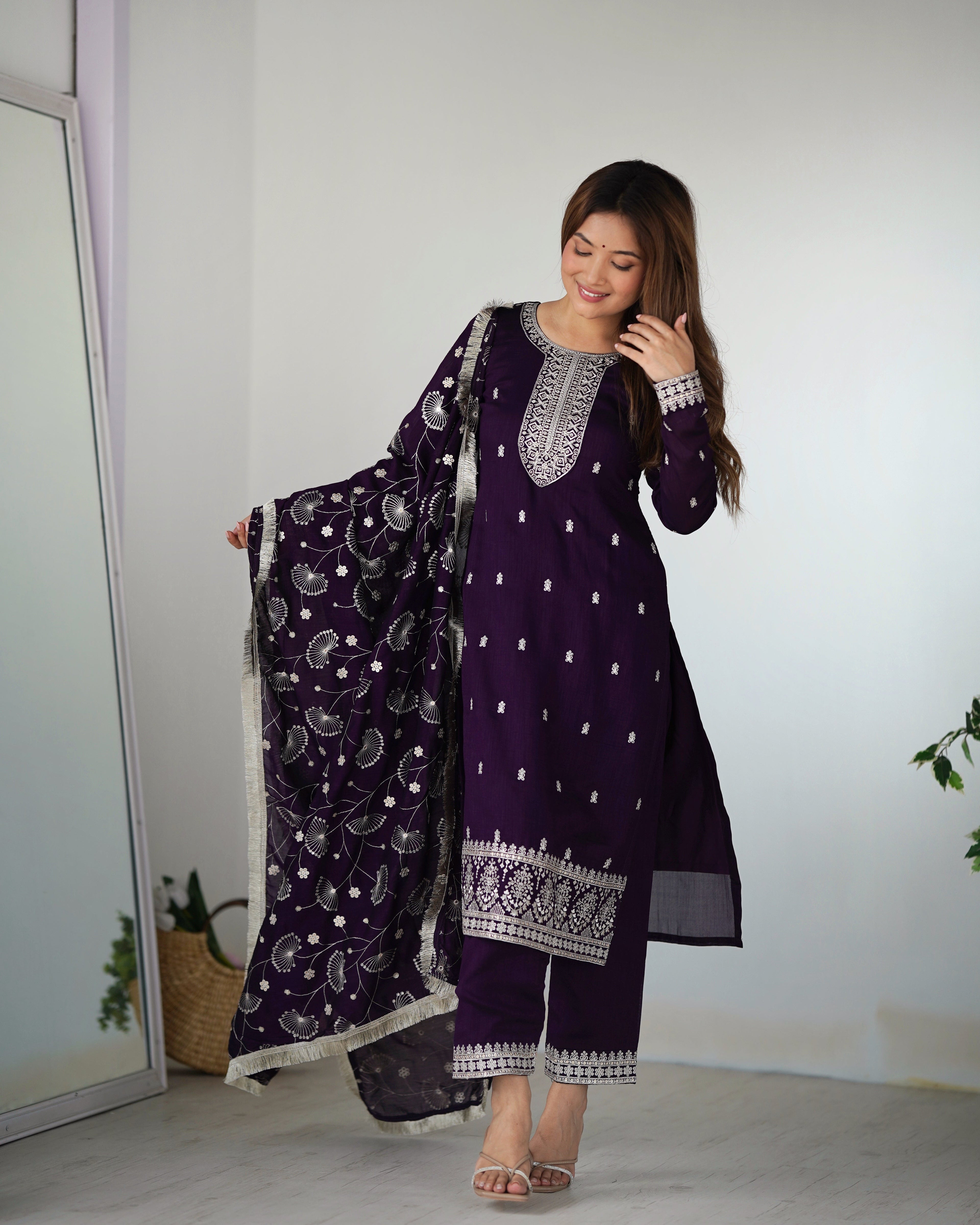 Purple Rangoli Silk Sequins Zari Embroidered Kurti Pant Suit - ETHNICDEAL
