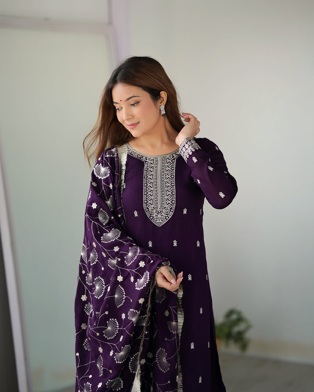 Purple Rangoli Silk Sequins Zari Embroidered Kurti Pant Suit - ETHNICDEAL