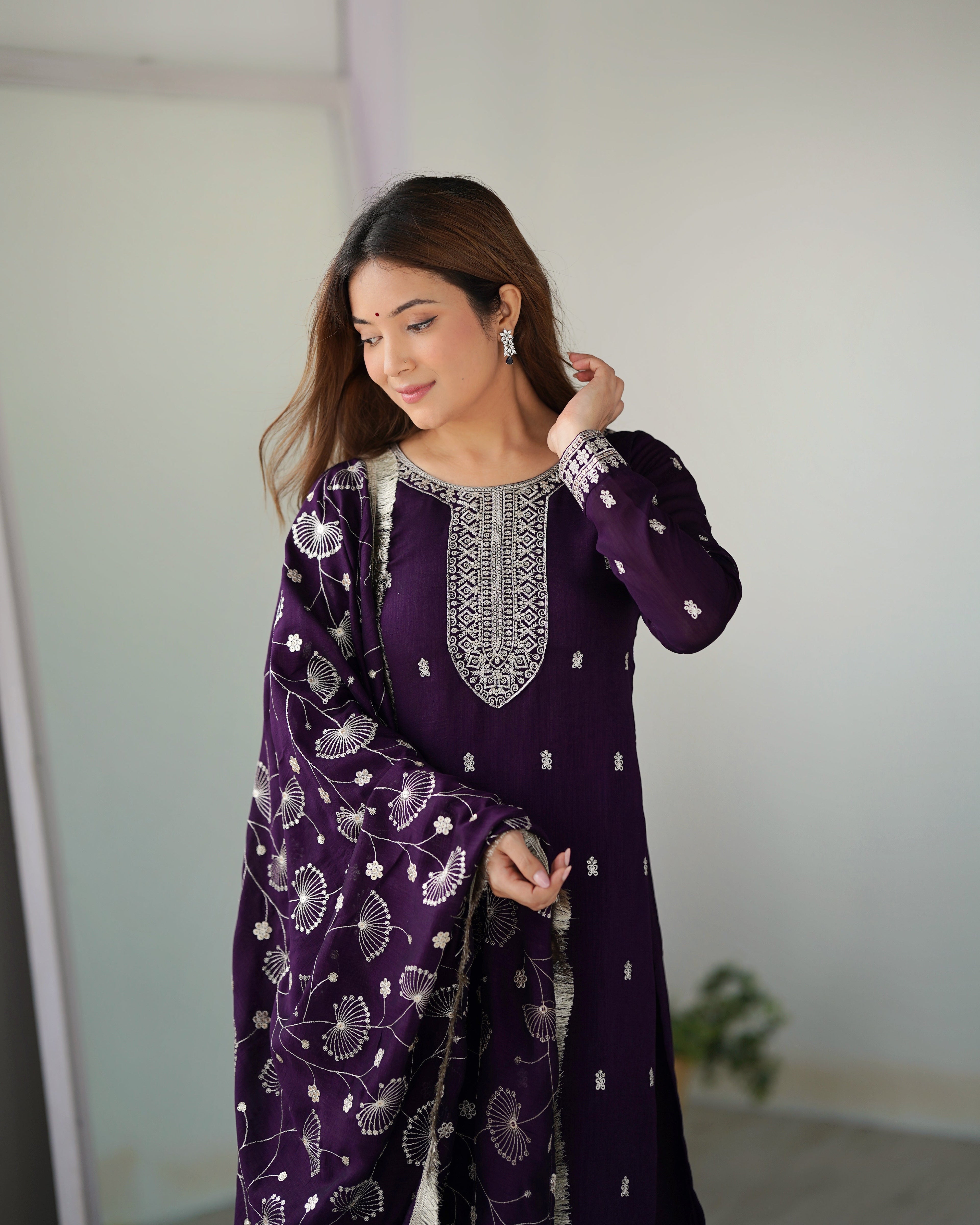 Purple Rangoli Silk Sequins Zari Embroidered Kurti Pant Suit - ETHNICDEAL