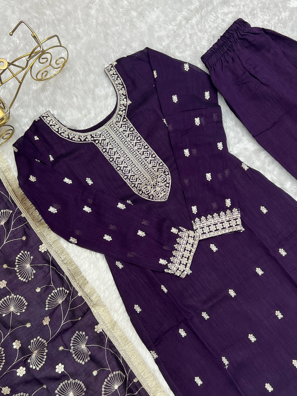Purple Rangoli Silk Sequins Zari Embroidered Kurti Pant Suit - ETHNICDEAL