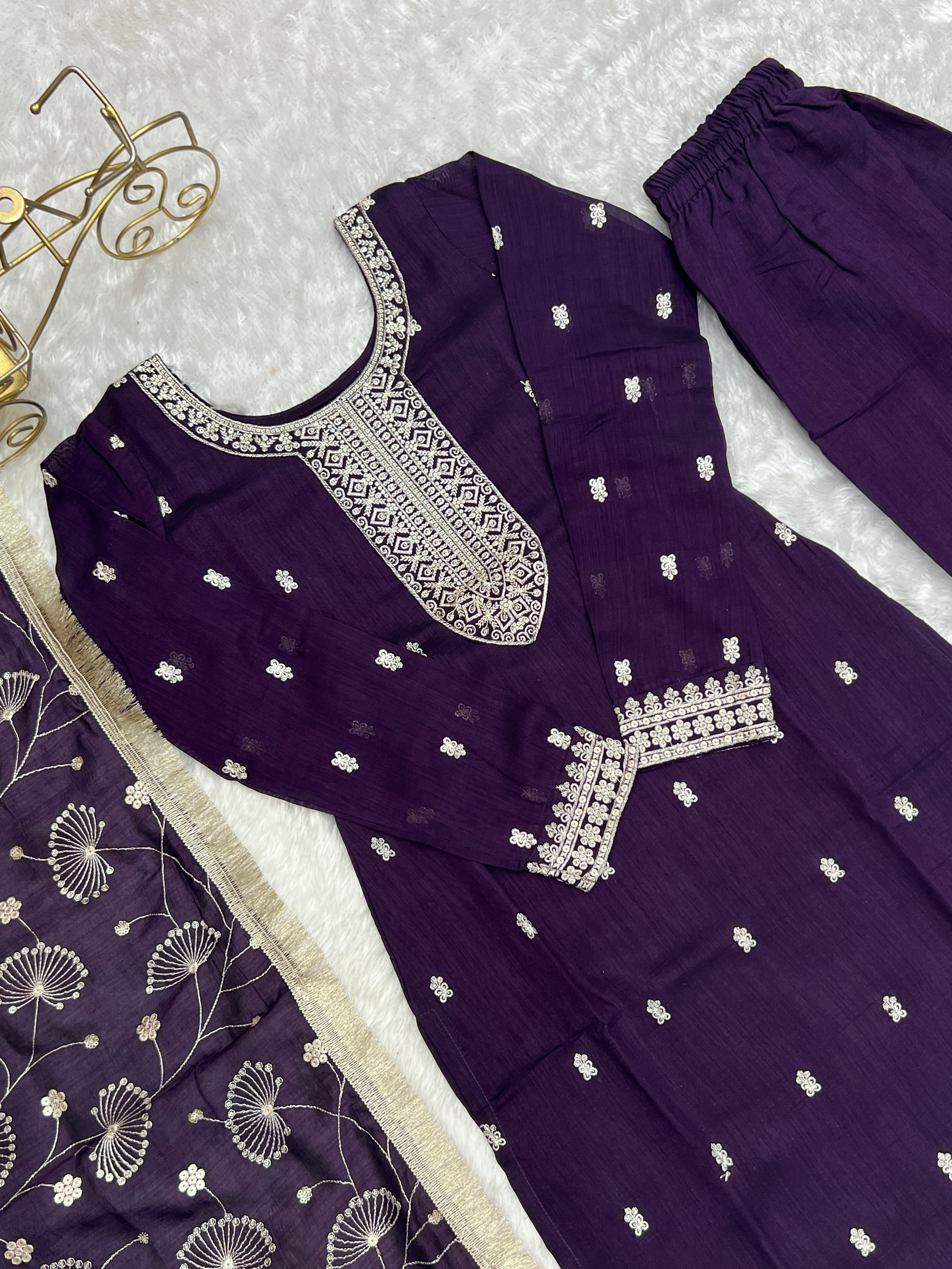 Purple Rangoli Silk Sequins Zari Embroidered Kurti Pant Suit - ETHNICDEAL