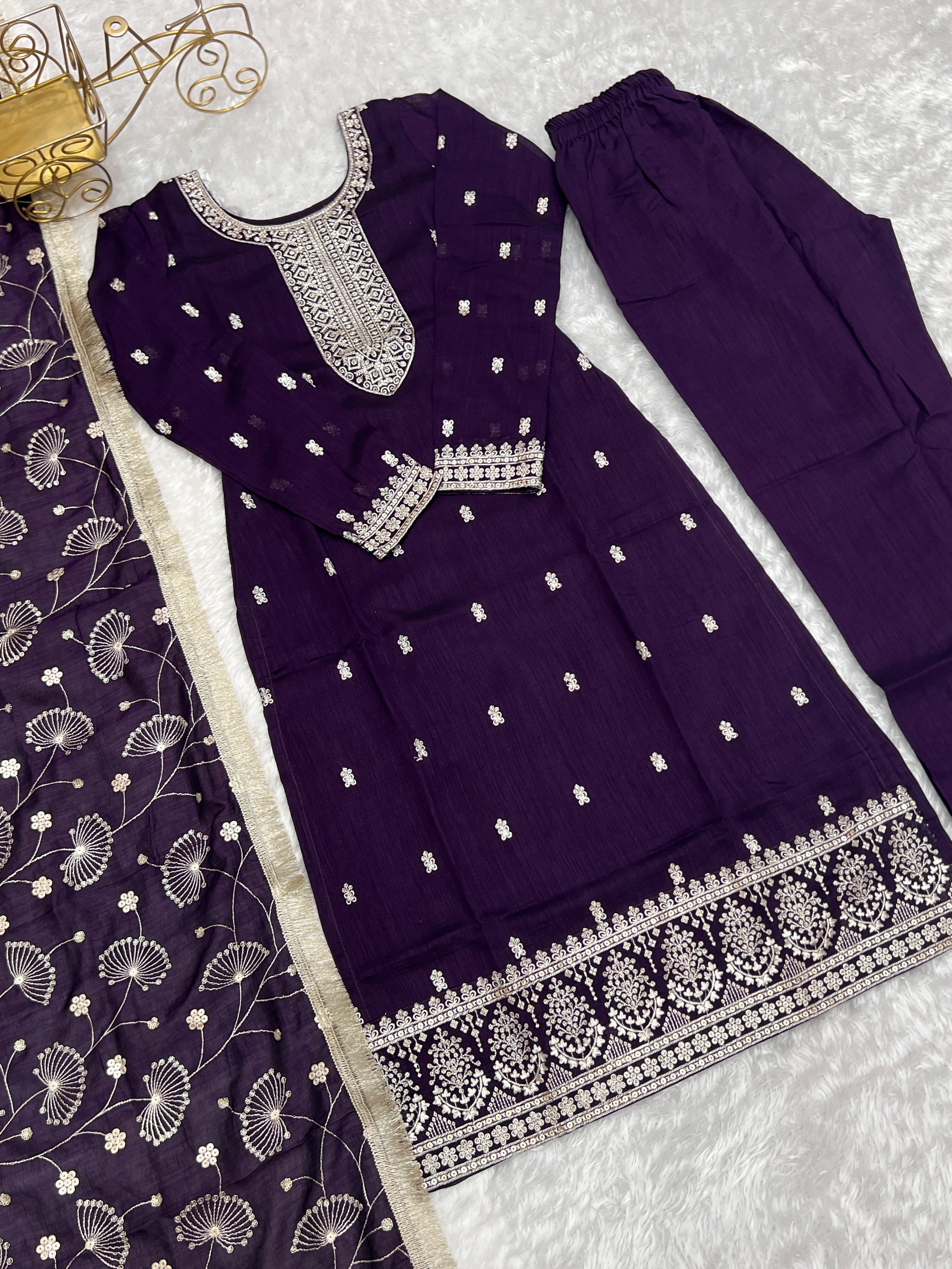 Purple Rangoli Silk Sequins Zari Embroidered Kurti Pant Suit - ETHNICDEAL