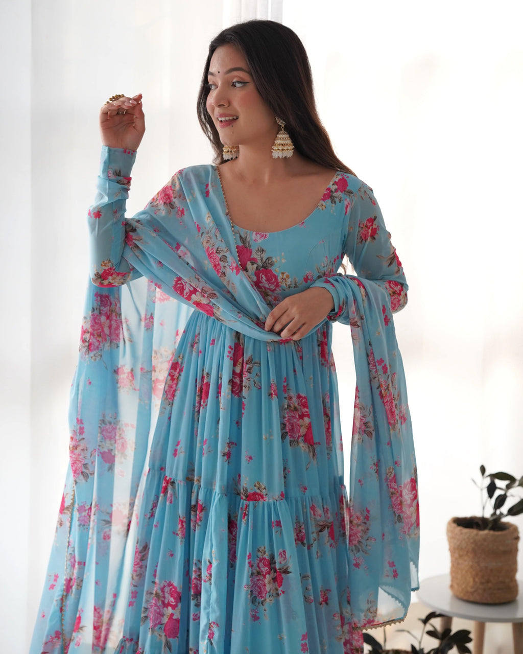 Radiant Sky Blue Floral Printed Fully Stitched Anarkali Pant Suit - Ethnicwish