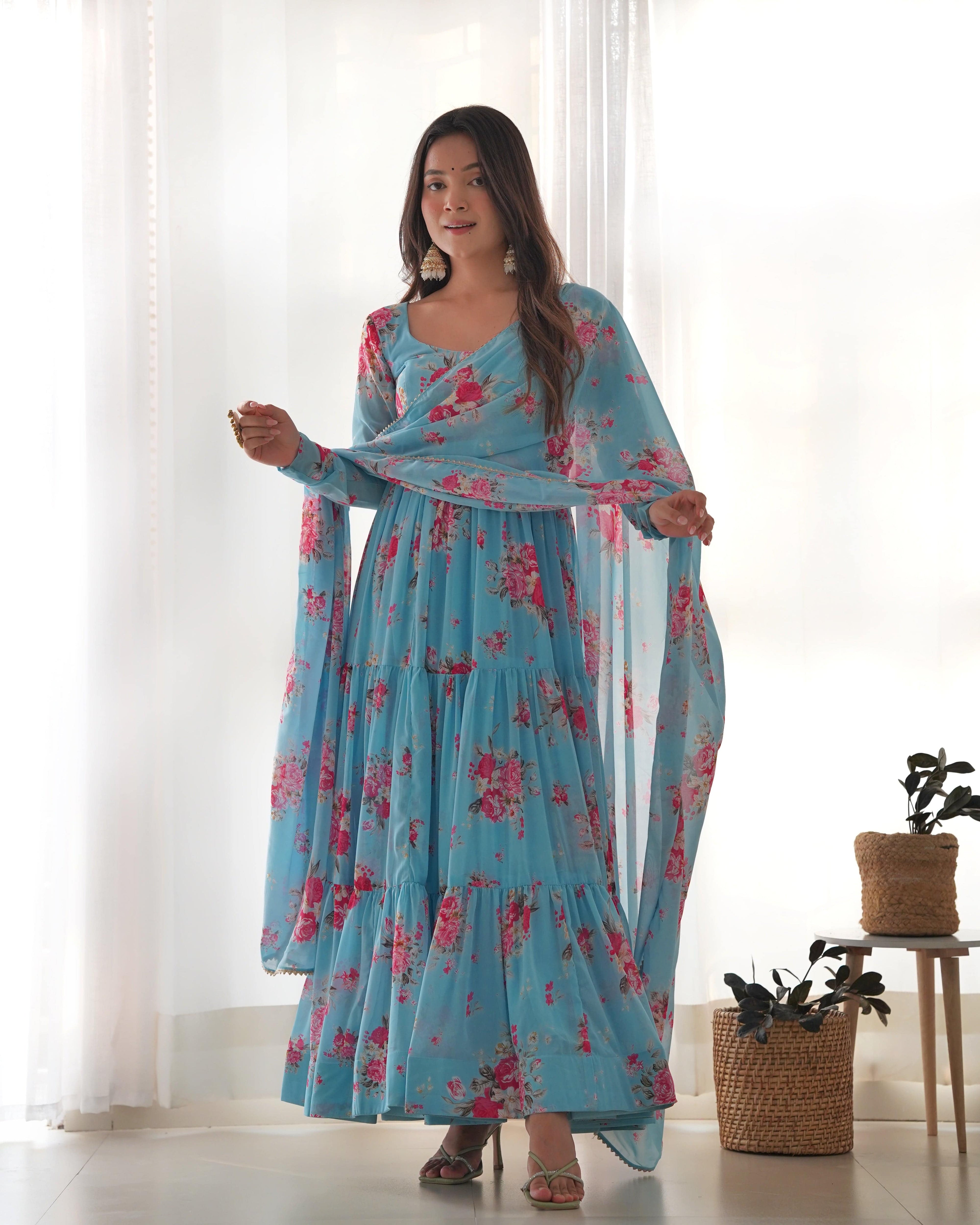 Radiant Sky Blue Floral Printed Fully Stitched Anarkali Pant Suit - Ethnicwish