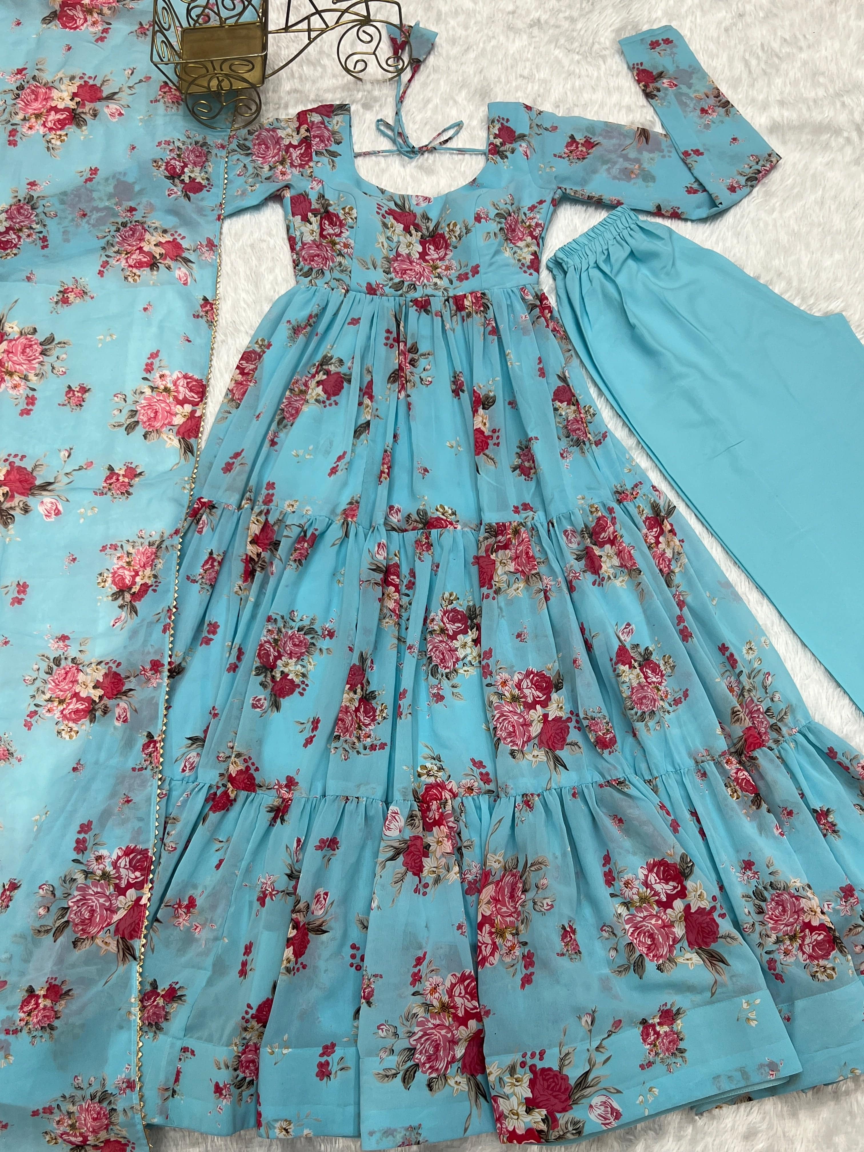 Radiant Sky Blue Floral Printed Fully Stitched Anarkali Pant Suit - Ethnicwish