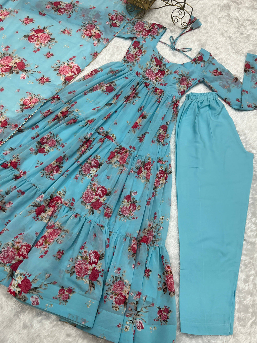 Radiant Sky Blue Floral Printed Fully Stitched Anarkali Pant Suit - Ethnicwish