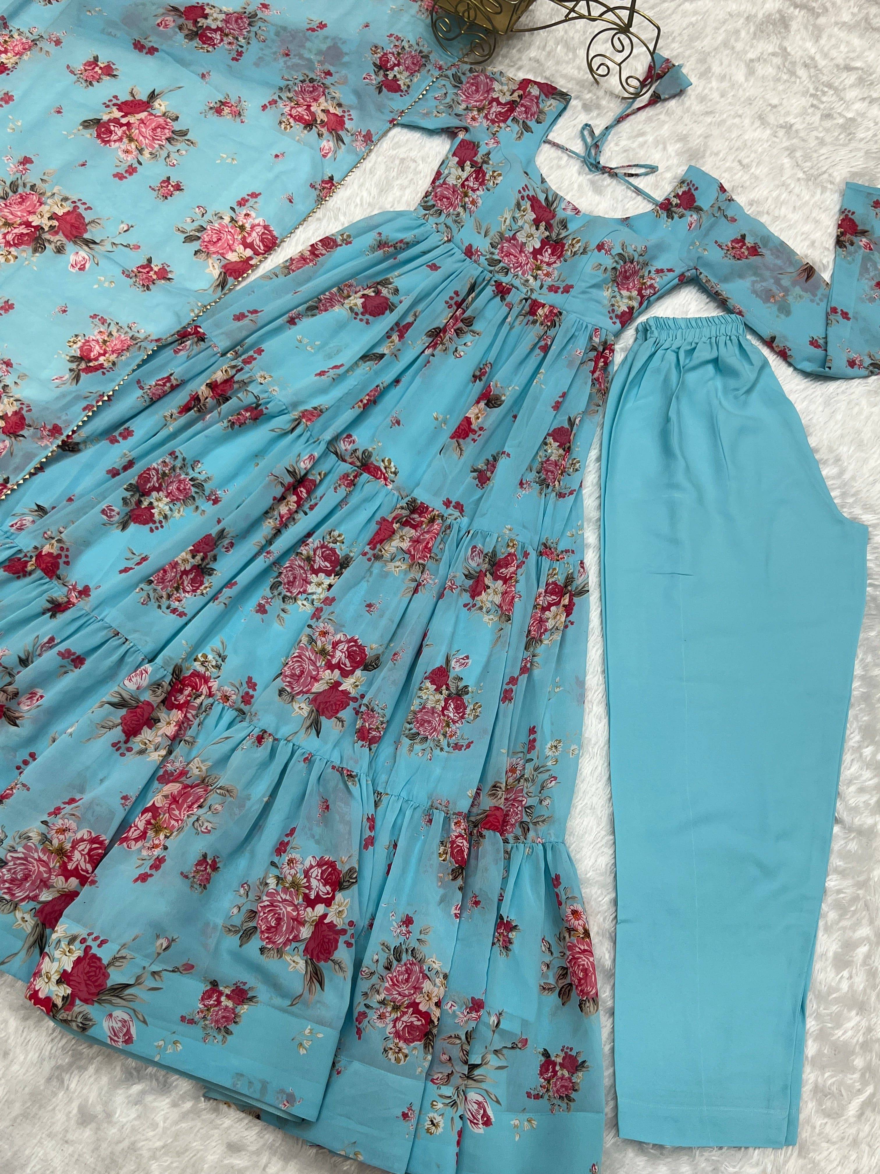 Radiant Sky Blue Floral Printed Fully Stitched Anarkali Pant Suit - Ethnicwish