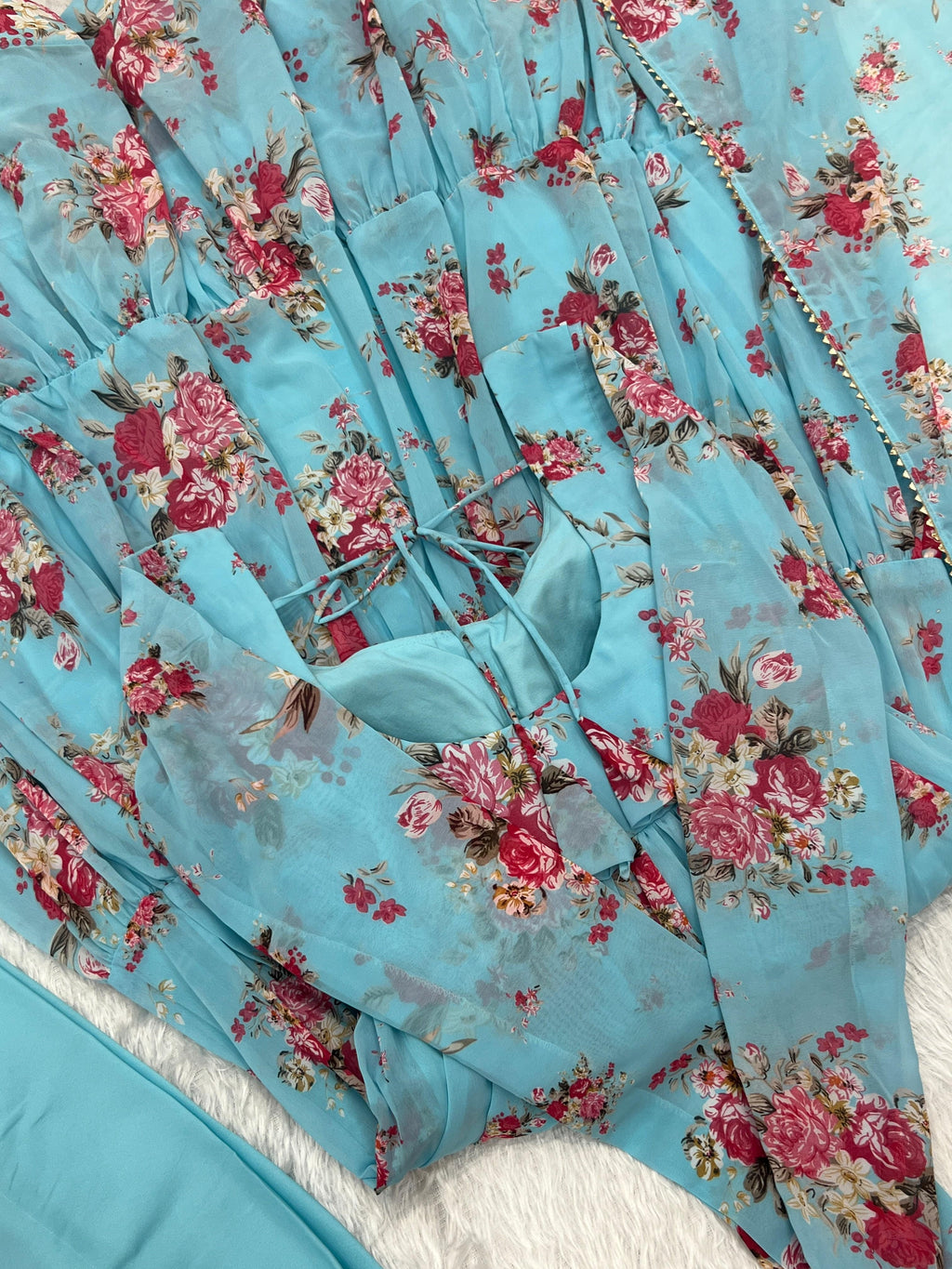 Radiant Sky Blue Floral Printed Fully Stitched Anarkali Pant Suit - Ethnicwish