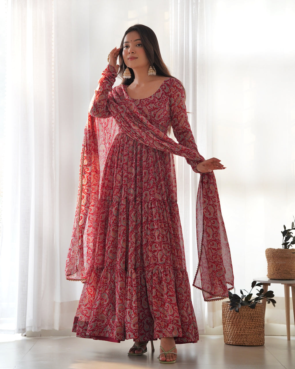 Winsome Faux Georgette Kalamkari Printed Anarkali Pant Suit - Ethnicwish