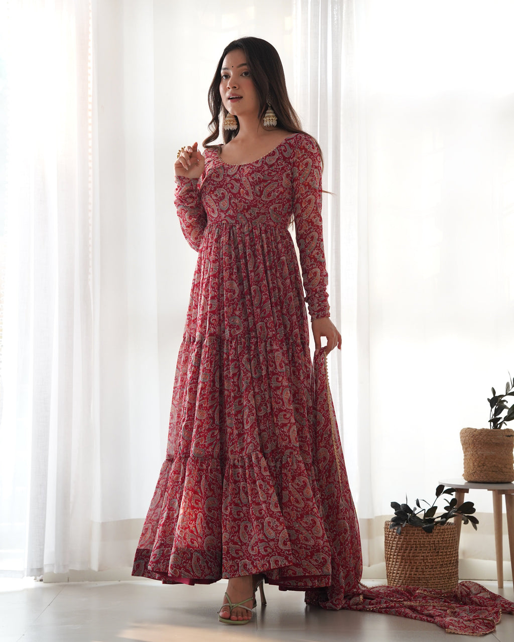 Winsome Faux Georgette Kalamkari Printed Anarkali Pant Suit - Ethnicwish