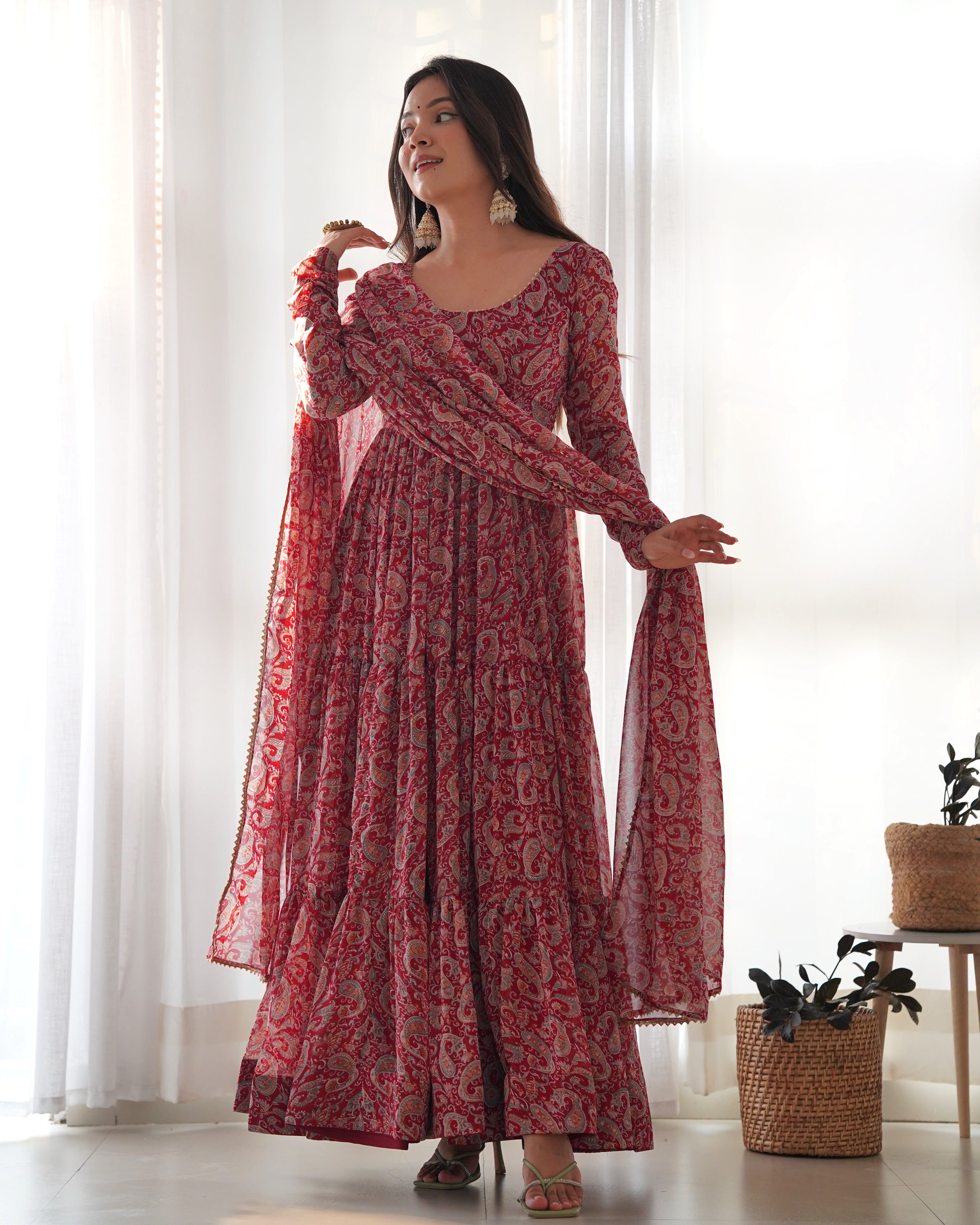 Winsome Faux Georgette Kalamkari Printed Anarkali Pant Suit - Ethnicwish