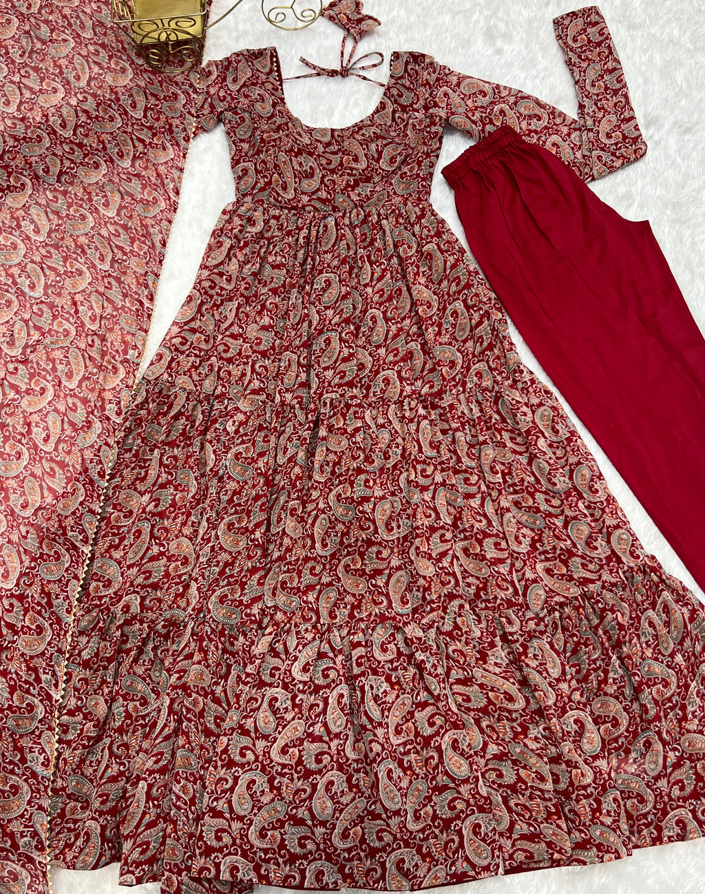 Winsome Faux Georgette Kalamkari Printed Anarkali Pant Suit - Ethnicwish